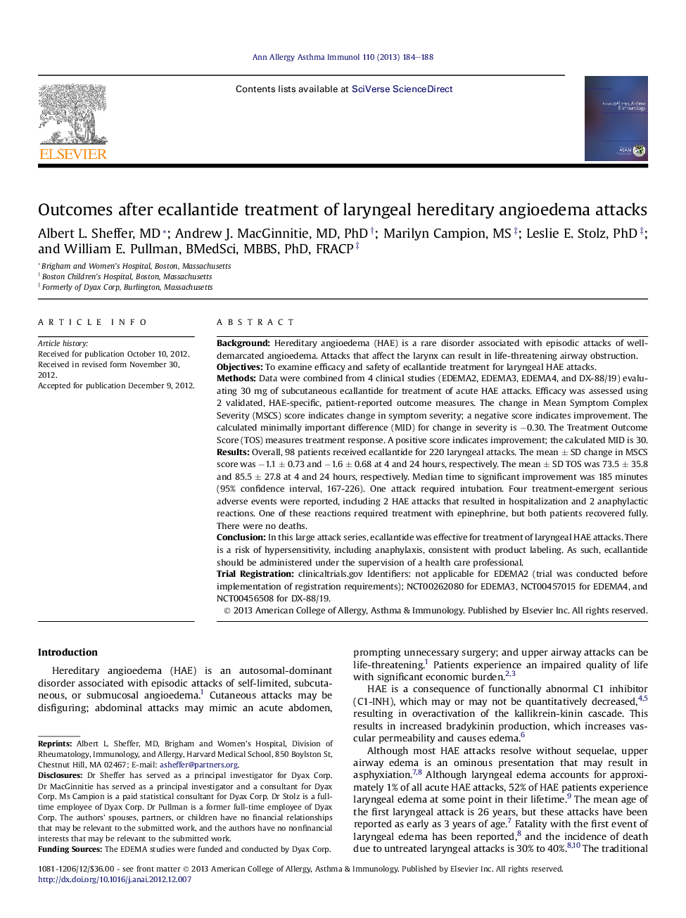 Outcomes after ecallantide treatment of laryngeal hereditary angioedema attacks