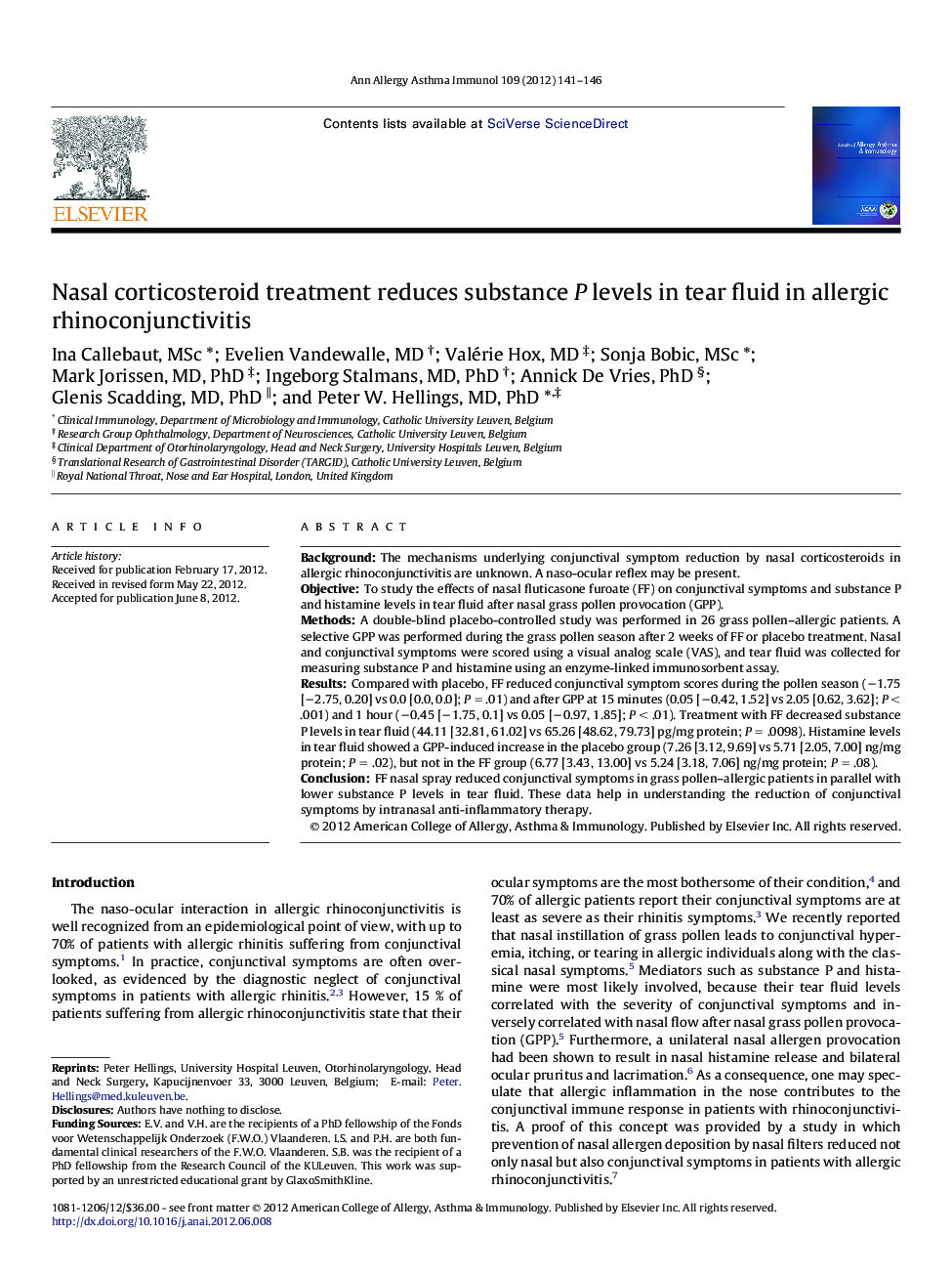 عکس صفحه اول مقاله: Nasal corticosteroid treatment reduces substance P levels in tear fluid in allergic rhinoconjunctivitis Nasal corticosteroid treatment reduces substance P levels in tear fluid in allergic rhinoconjunctivitis