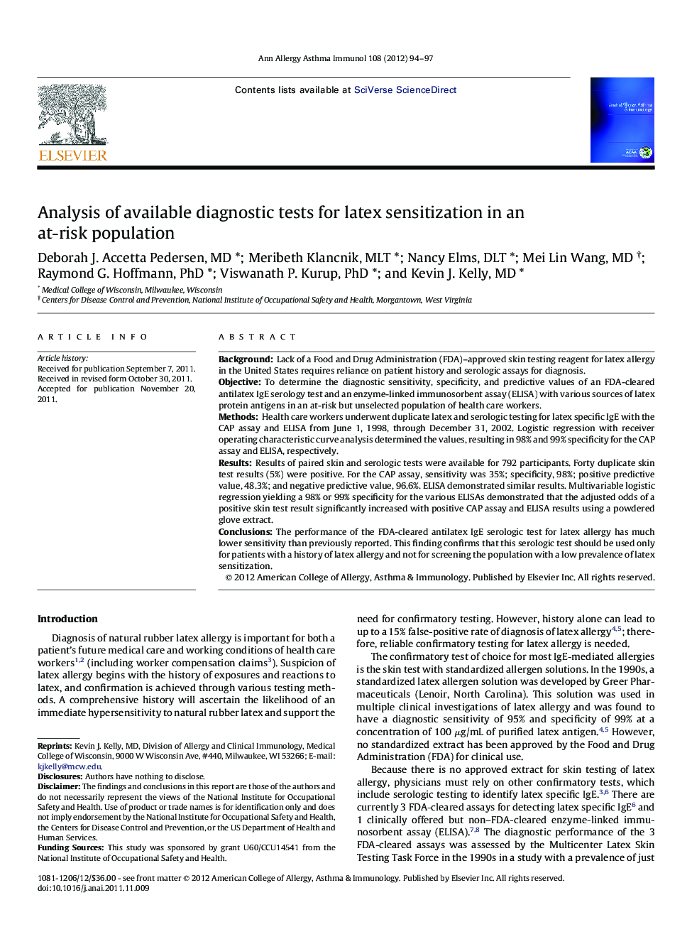عکس صفحه اول مقاله: Analysis of available diagnostic tests for latex sensitization in an at-risk population Analysis of available diagnostic tests for latex sensitization in an at-risk population
