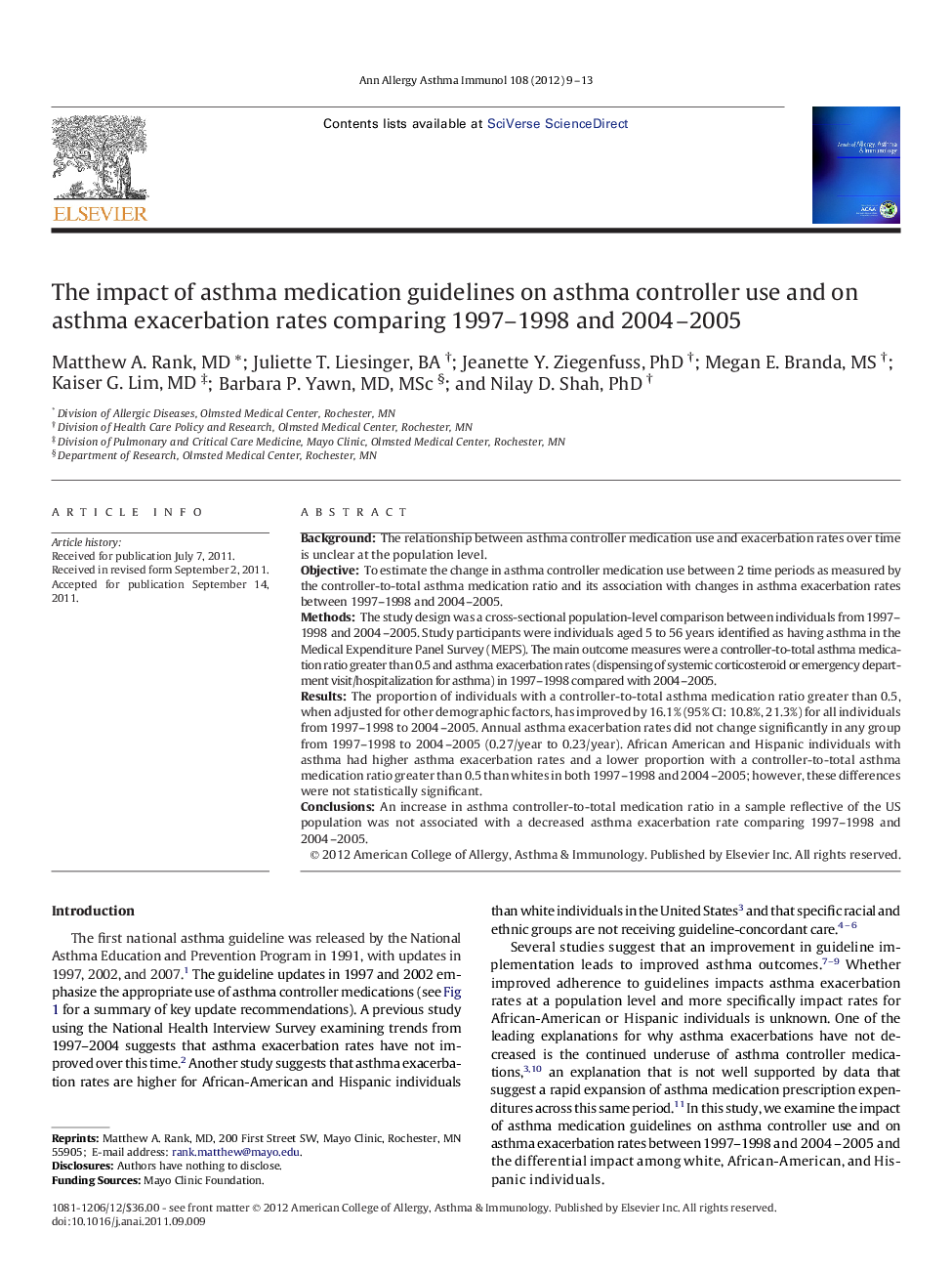 عکس صفحه اول مقاله: The impact of asthma medication guidelines on asthma controller use and on asthma exacerbation rates comparing 1997-1998 and 2004-2005 The impact of asthma medication guidelines on asthma controller use and on asthma exacerbation rates comparing 1997-1998 and 2004-2005