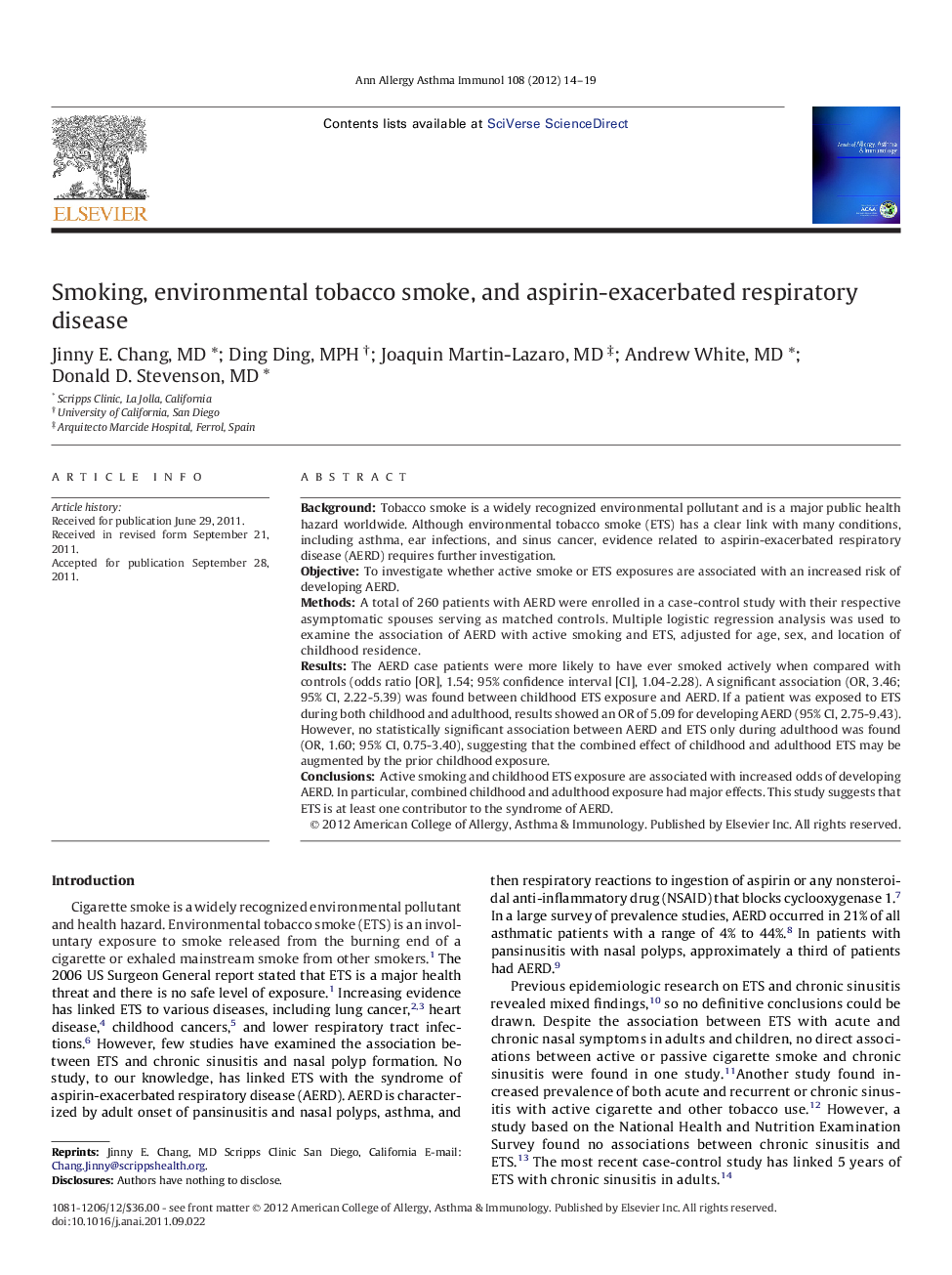 Smoking, environmental tobacco smoke, and aspirin-exacerbated respiratory disease