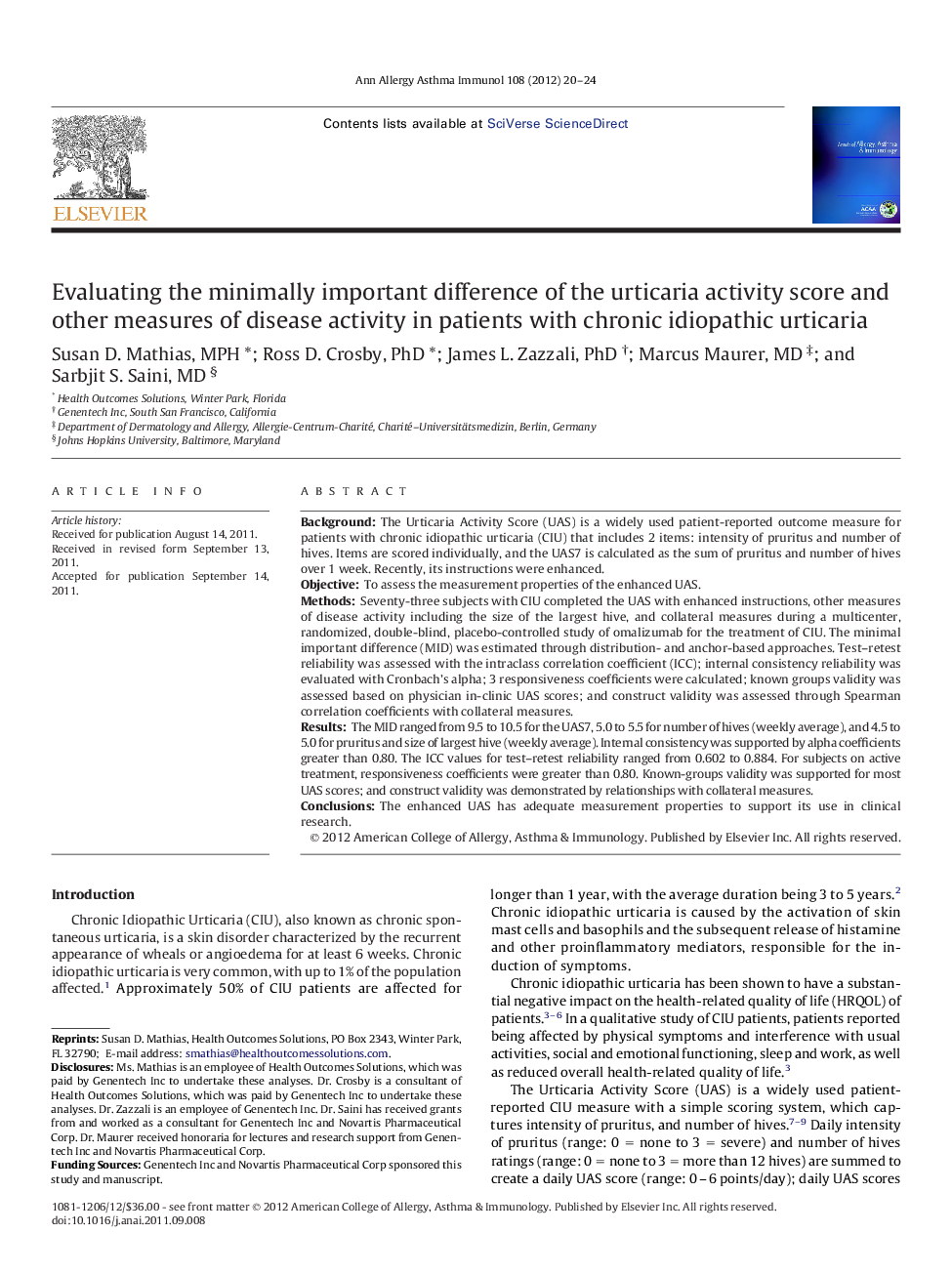 Evaluating the minimally important difference of the urticaria activity score and other measures of disease activity in patients with chronic idiopathic urticaria