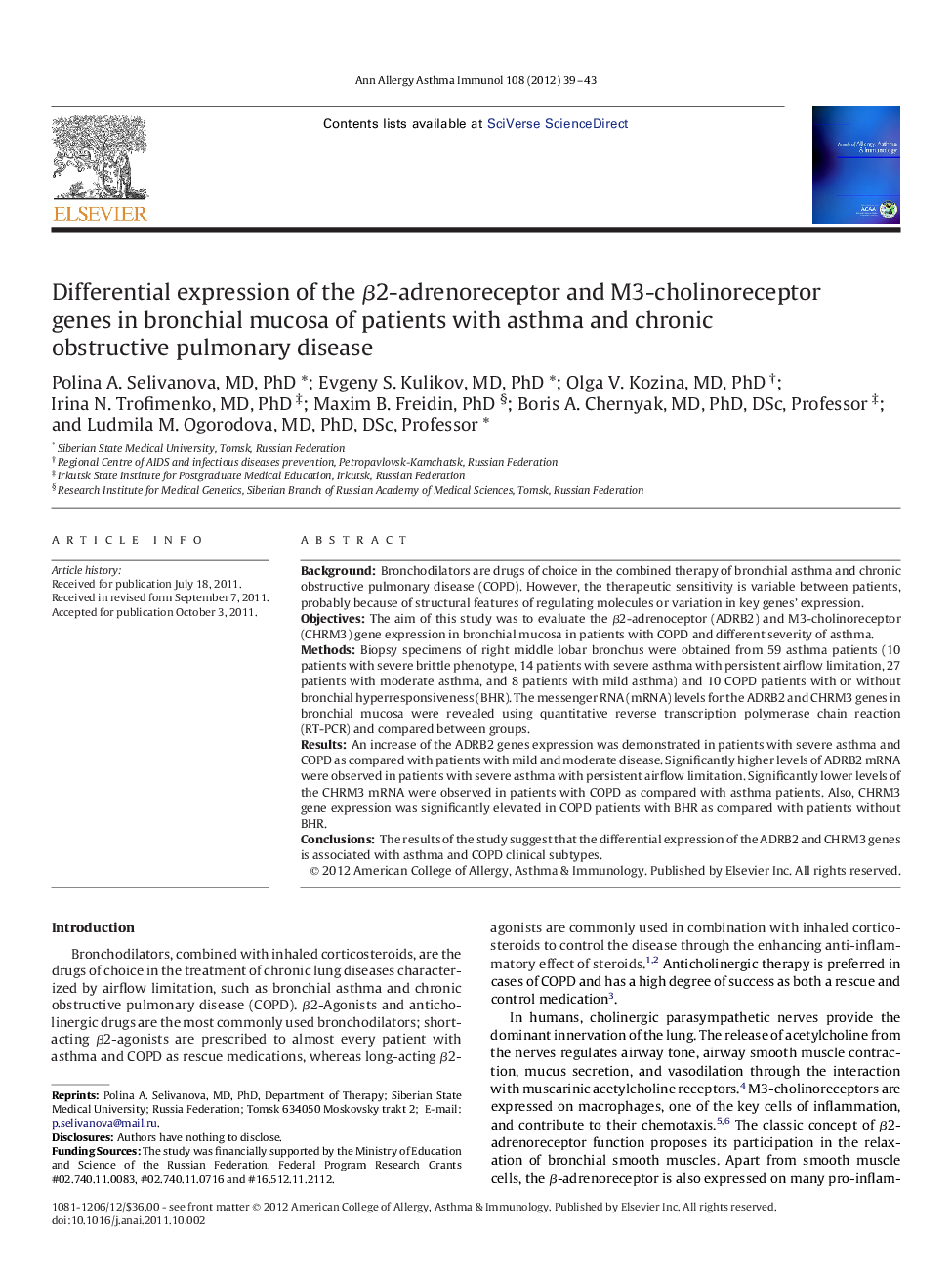 Differential expression of the Î²2-adrenoreceptor and M3-cholinoreceptor genes in bronchial mucosa of patients with asthma and chronic obstructive pulmonary disease