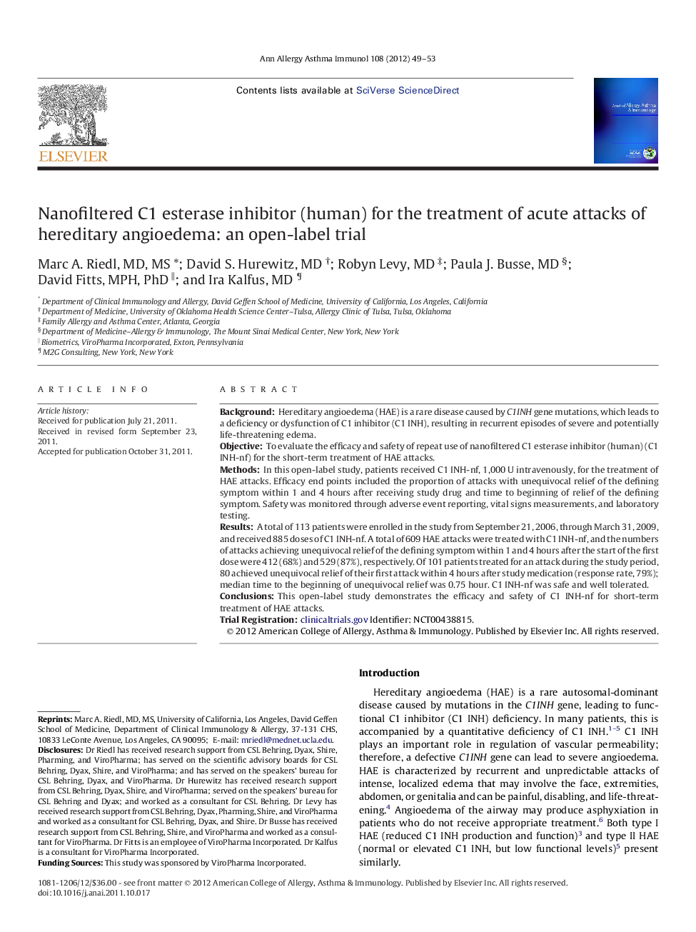 Nanofiltered C1 esterase inhibitor (human) for the treatment of acute attacks of hereditary angioedema: an open-label trial