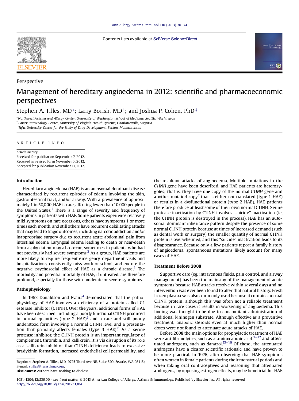 Management of hereditary angioedema in 2012: scientific and pharmacoeconomic perspectives