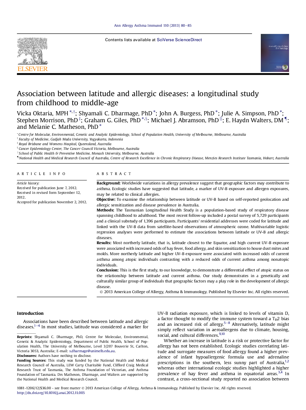 Association between latitude and allergic diseases: a longitudinal study from childhood to middle-age