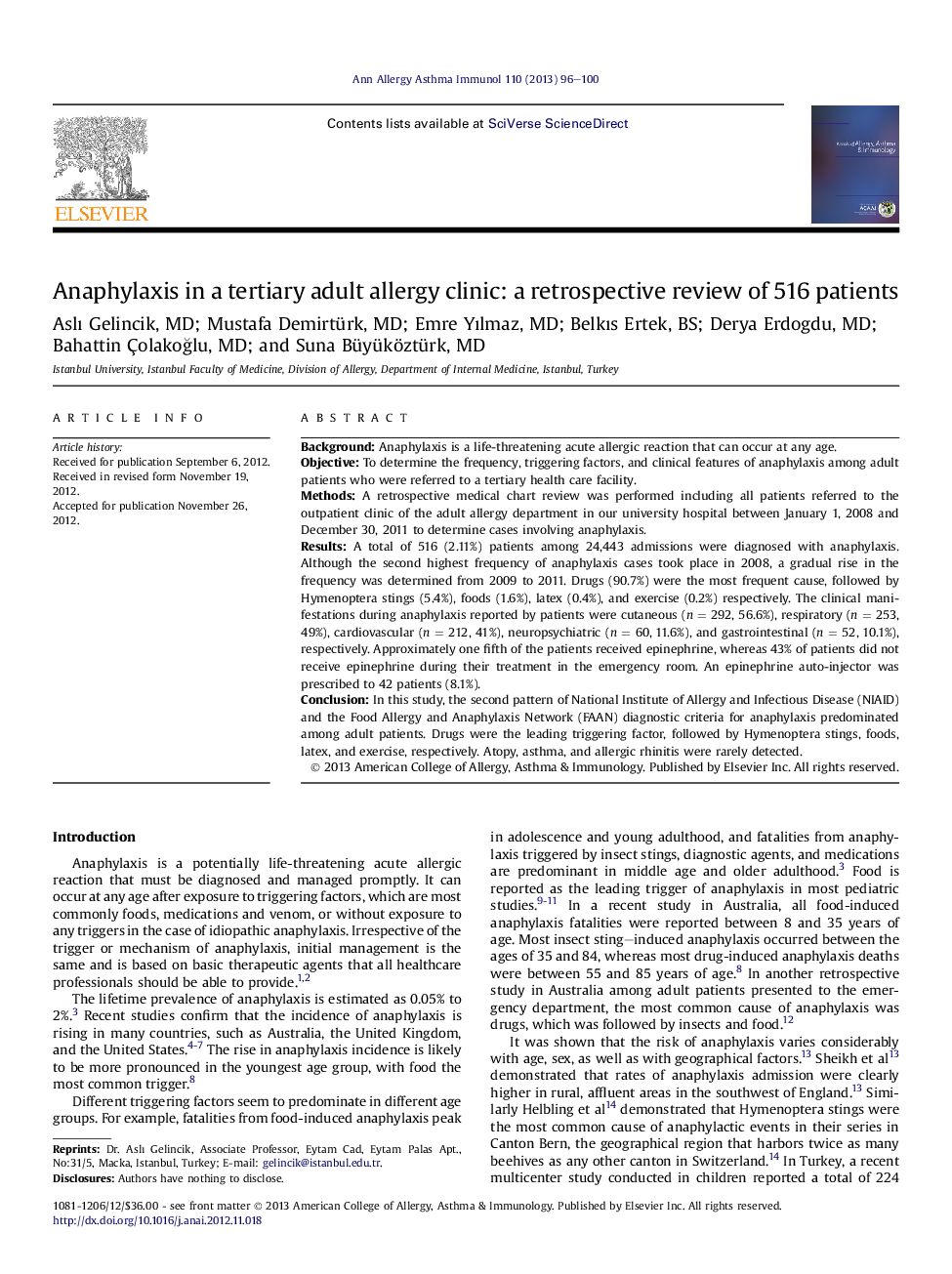 Anaphylaxis in a tertiary adult allergy clinic: a retrospective review of 516Â patients
