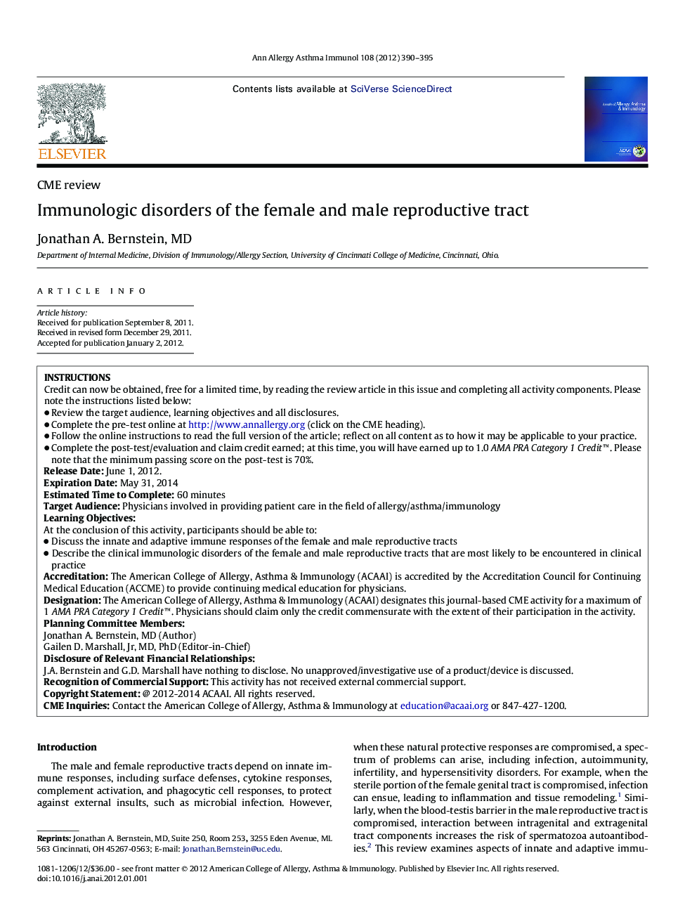 Immunologic disorders of the female and male reproductive tract