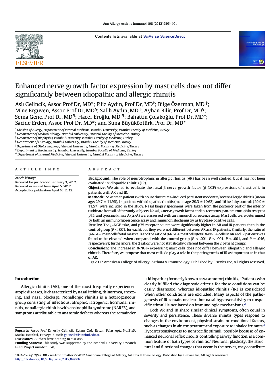 Enhanced nerve growth factor expression by mast cells does not differ significantly between idiopathic and allergic rhinitis
