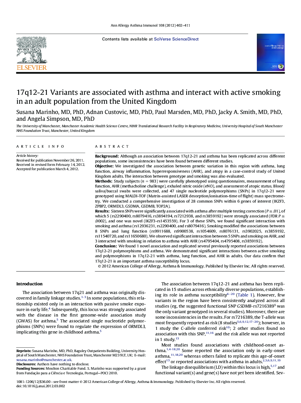 17q12-21 Variants are associated with asthma and interact with active smoking in an adult population from the United Kingdom