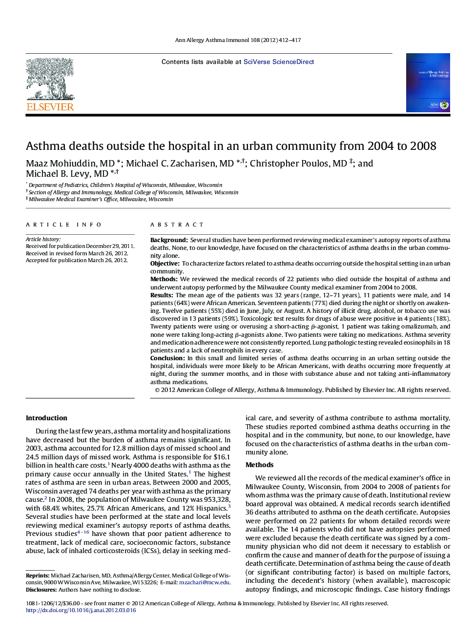 Asthma deaths outside the hospital in an urban community from 2004 to 2008