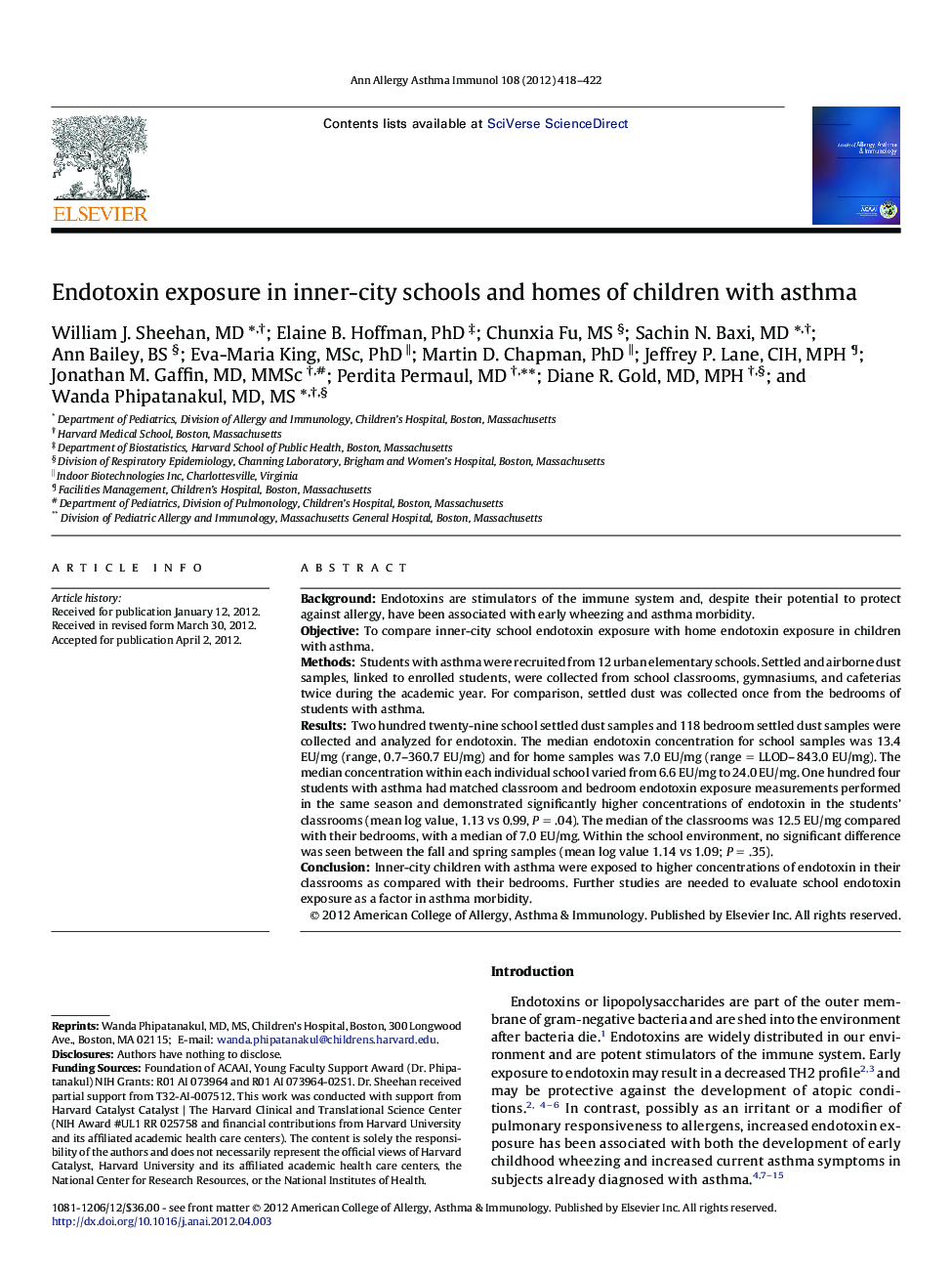 Endotoxin exposure in inner-city schools and homes of children with asthma