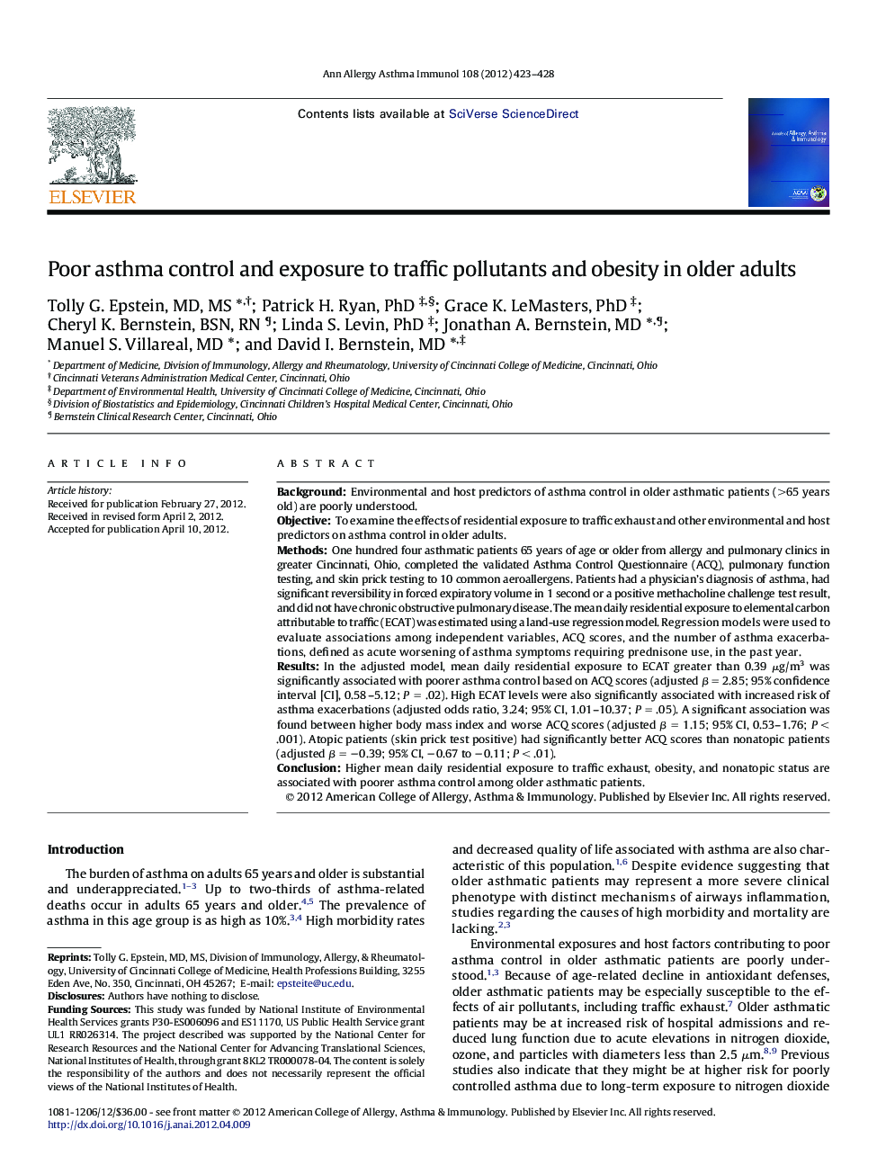 Poor asthma control and exposure to traffic pollutants and obesity in older adults