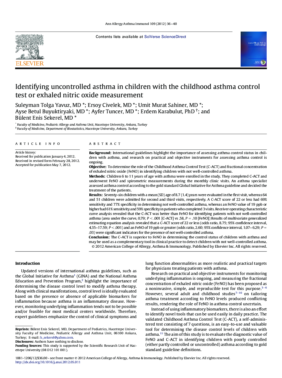 Identifying uncontrolled asthma in children with the childhood asthma control test or exhaled nitric oxide measurement