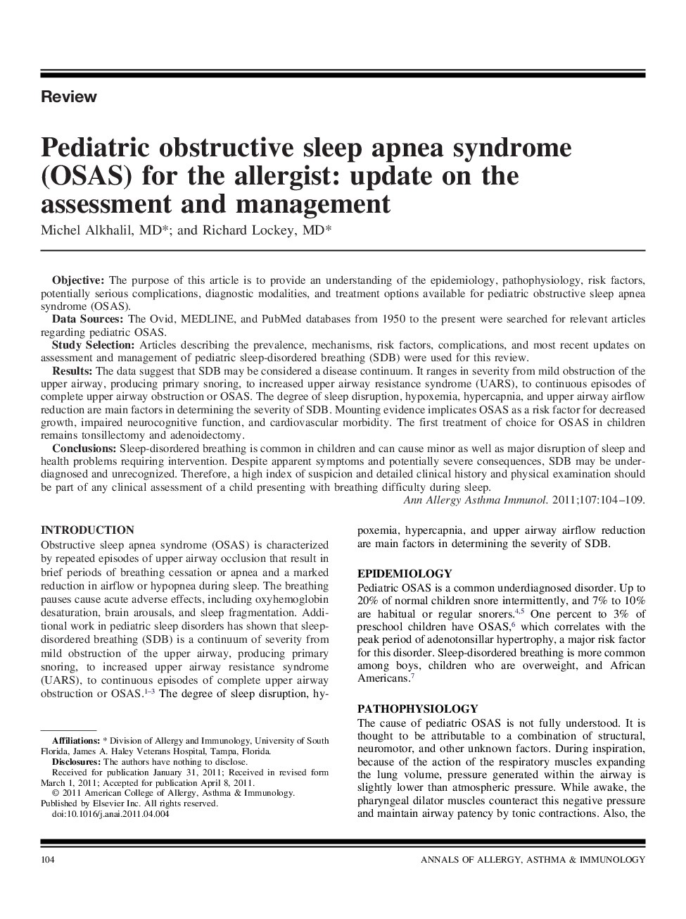 Pediatric obstructive sleep apnea syndrome (OSAS) for the allergist: update on the assessment and management