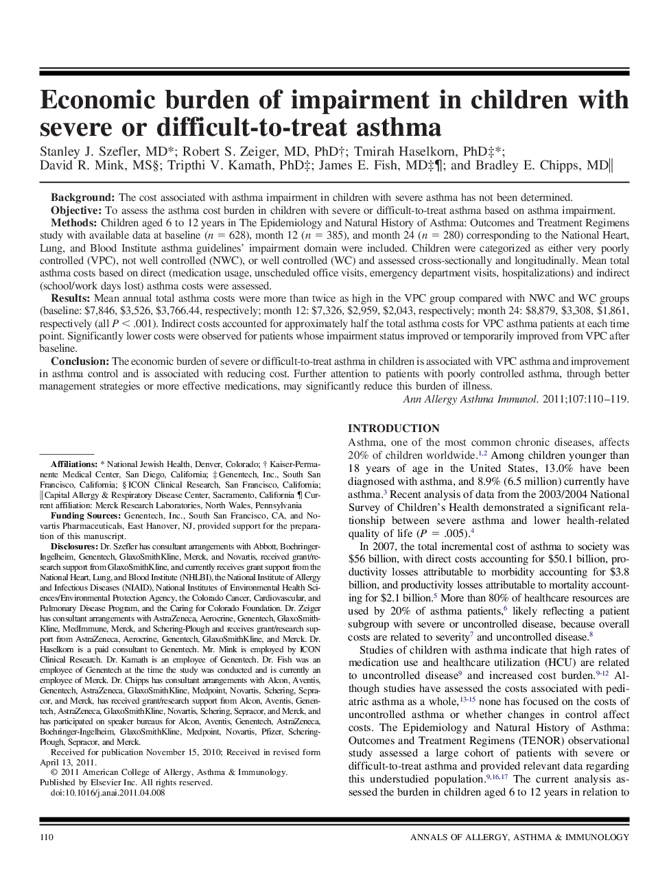 Economic burden of impairment in children with severe or difficult-to-treat asthma