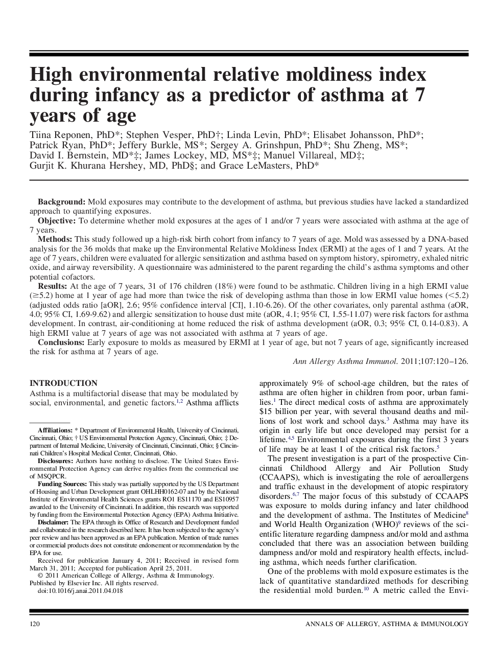 High environmental relative moldiness index during infancy as a predictor of asthma at 7 years of age