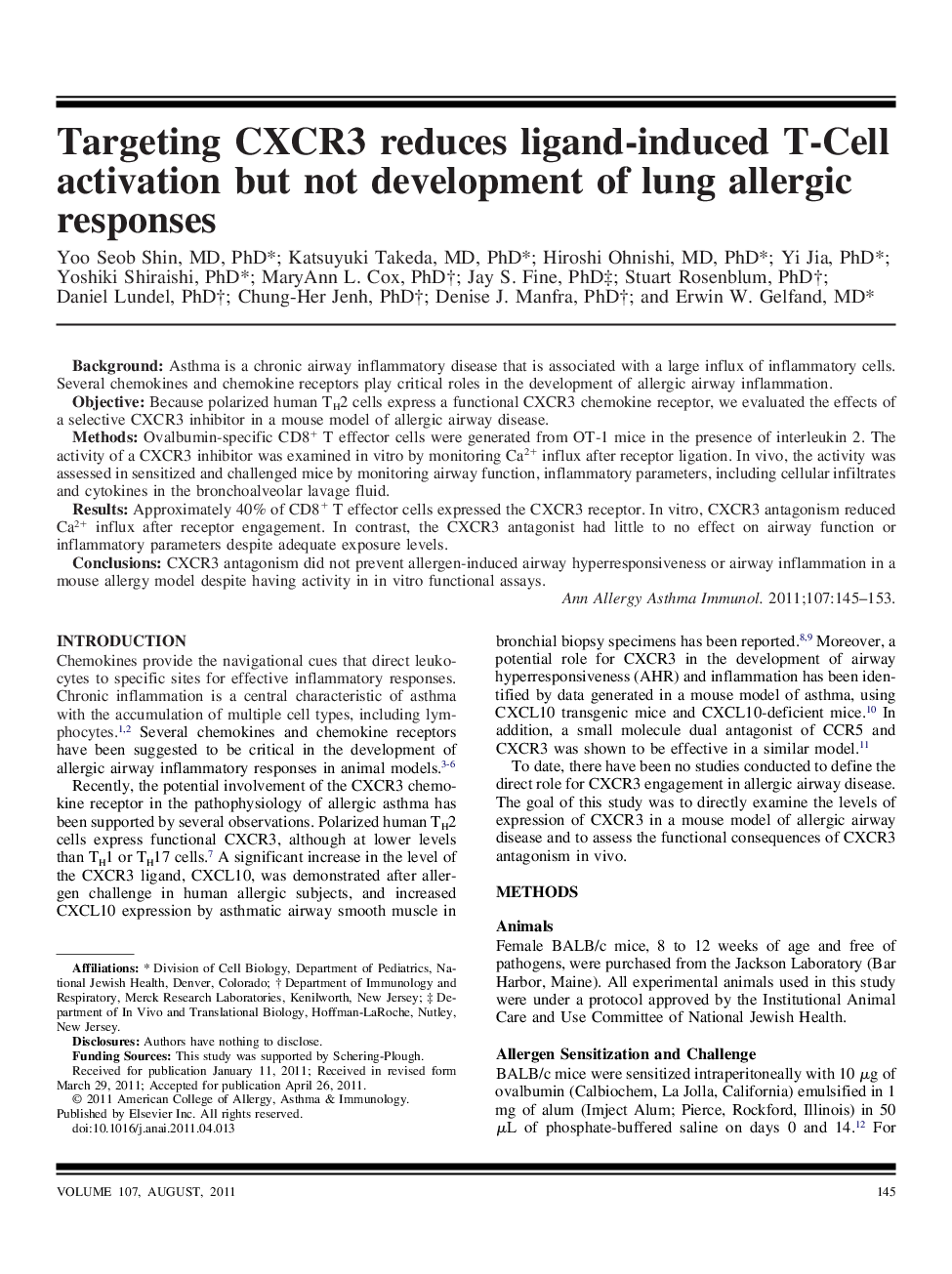 Targeting CXCR3 reduces ligand-induced T-Cell activation but not development of lung allergic responses
