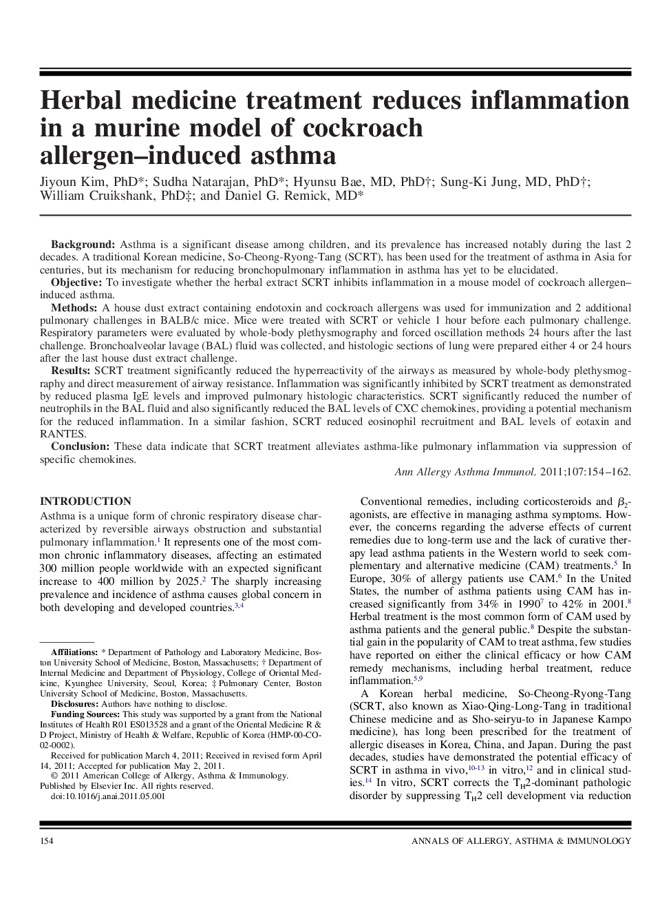Herbal medicine treatment reduces inflammation in a murine model of cockroach allergen-induced asthma