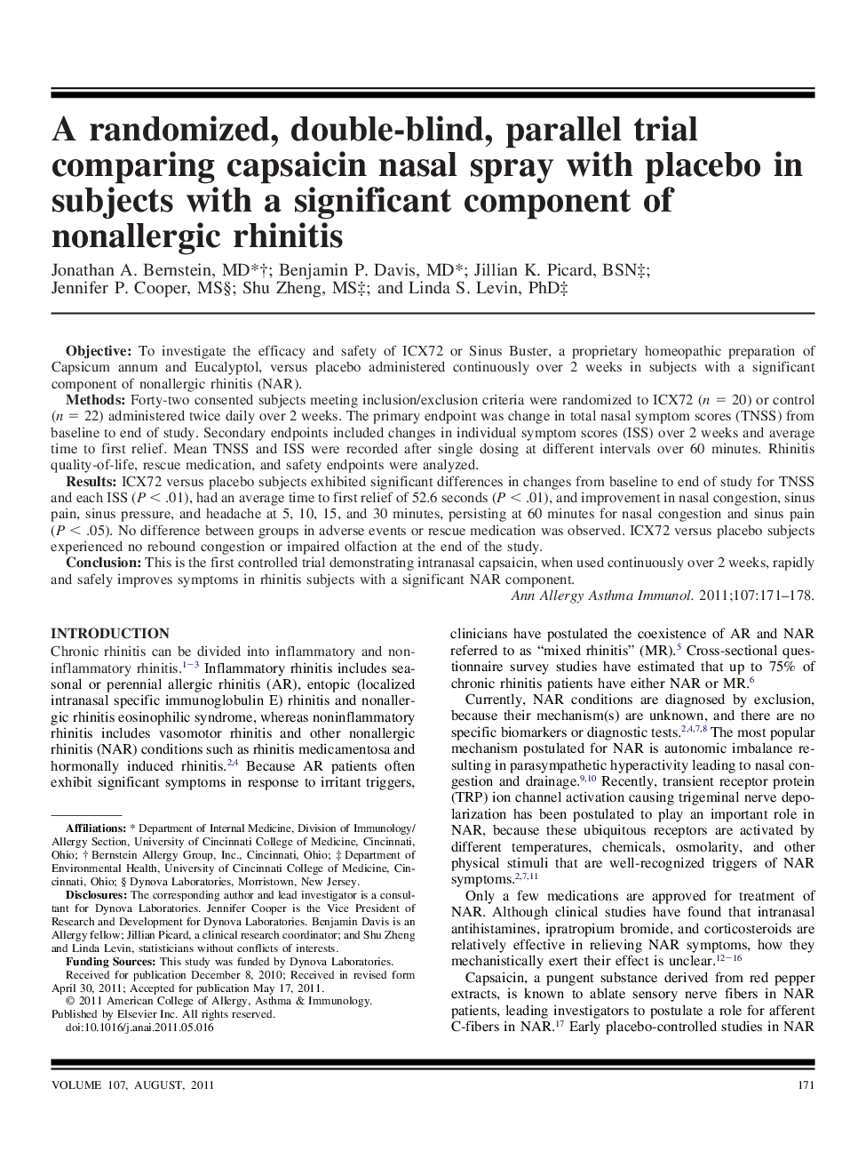 A randomized, double-blind, parallel trial comparing capsaicin nasal spray with placebo in subjects with a significant component of nonallergic rhinitis