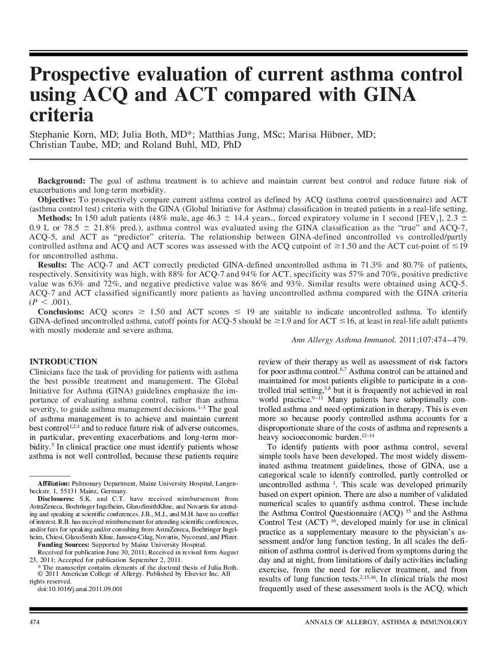 Prospective evaluation of current asthma control using ACQ and ACT compared with GINA criteria