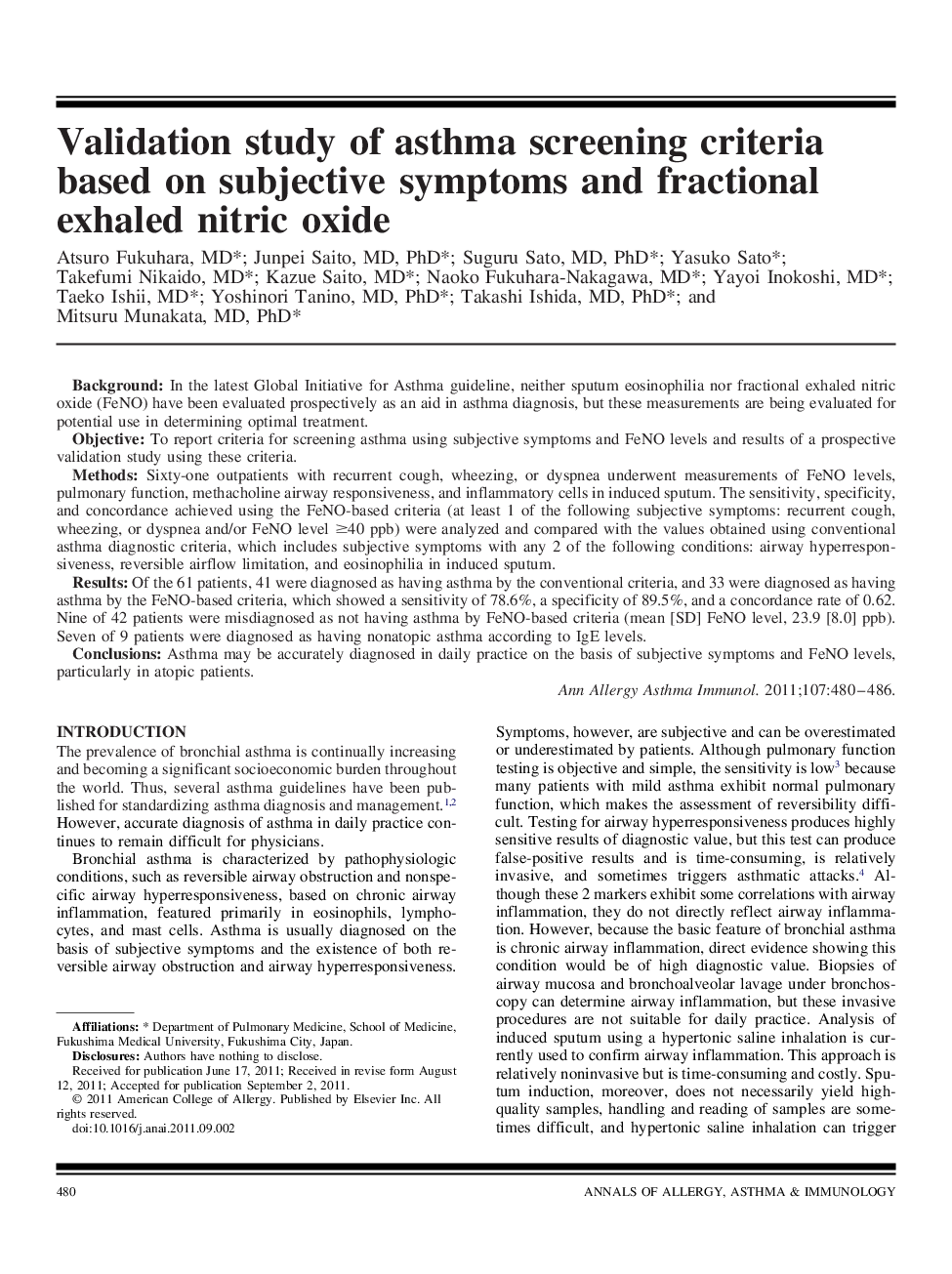 Validation study of asthma screening criteria based on subjective symptoms and fractional exhaled nitric oxide