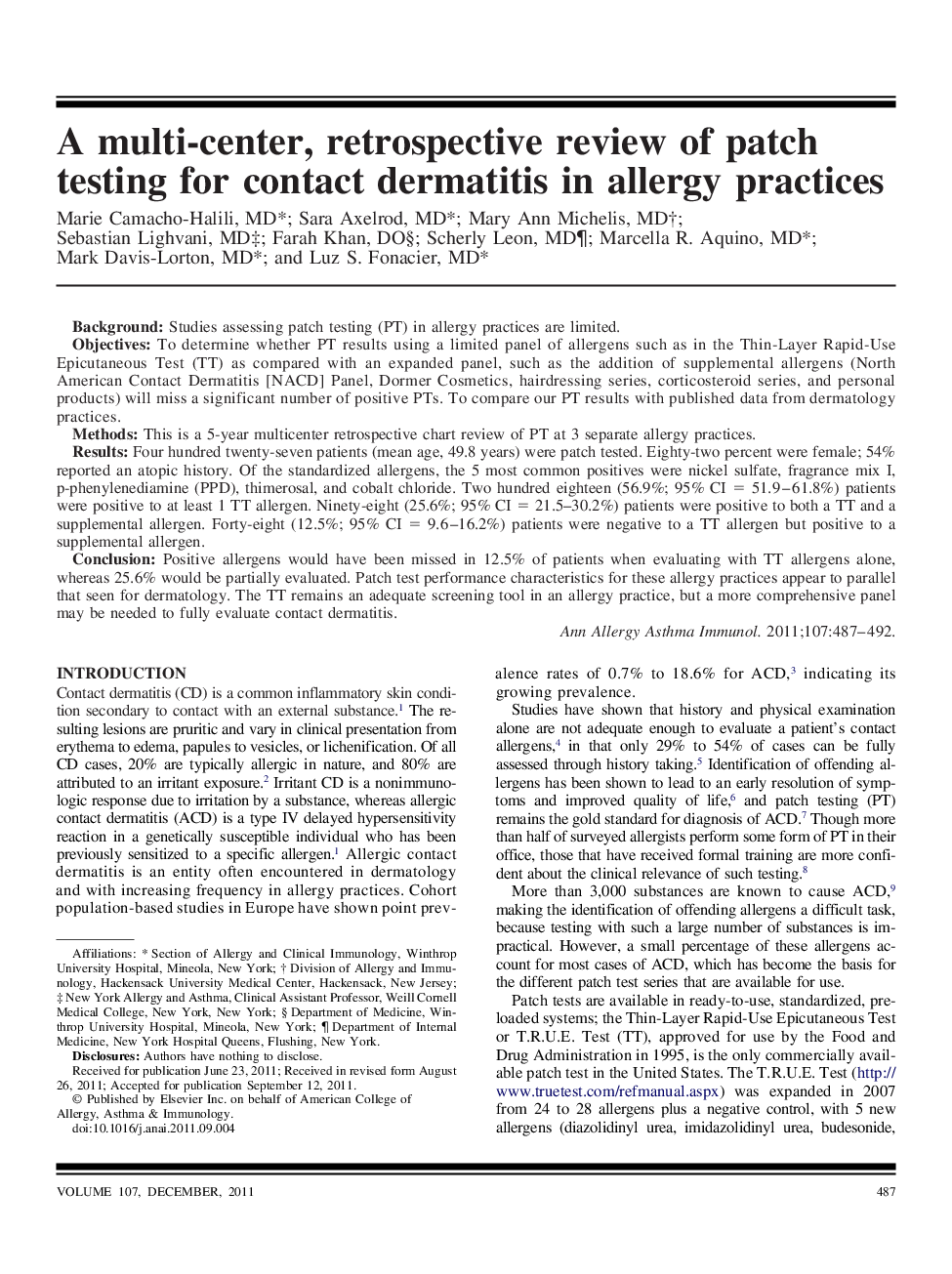 A multi-center, retrospective review of patch testing for contact dermatitis in allergy practices