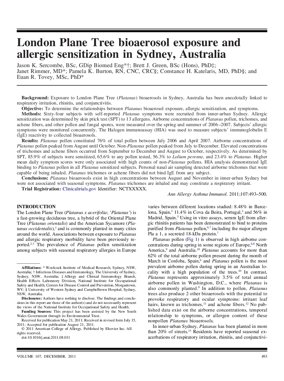 London Plane Tree bioaerosol exposure and allergic sensitization in Sydney, Australia