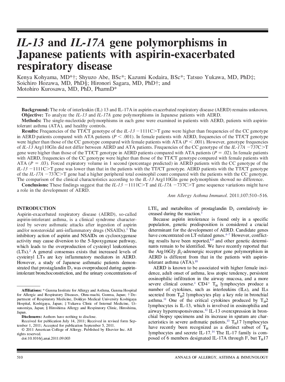 IL-13 and IL-17A gene polymorphisms in Japanese patients with aspirin-exacerbated respiratory disease