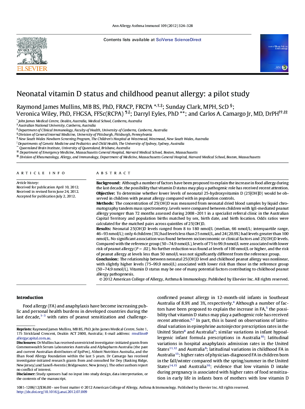 Neonatal vitamin D status and childhood peanut allergy: a pilot study