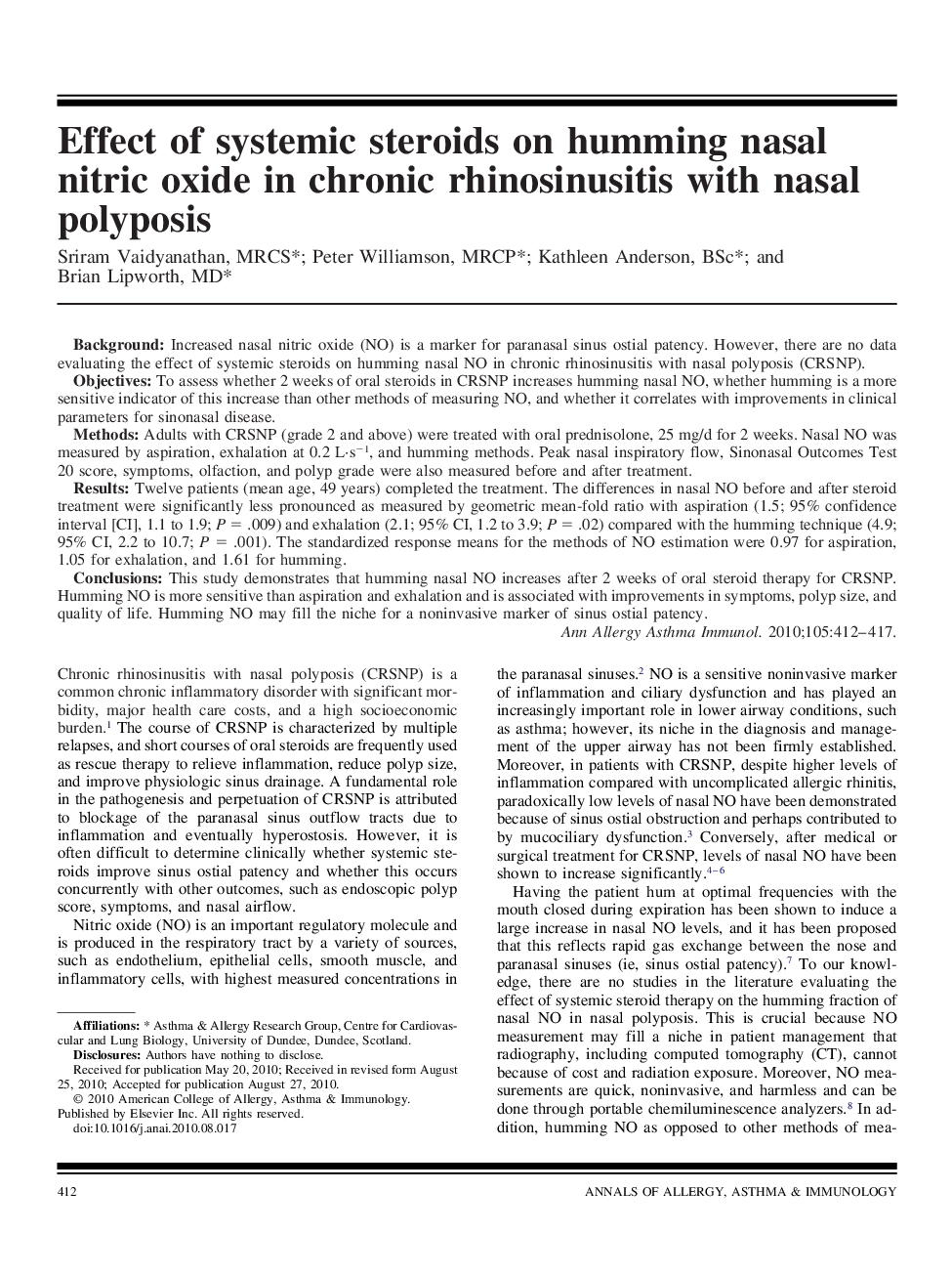 Effect of systemic steroids on humming nasal nitric oxide in chronic rhinosinusitis with nasal polyposis