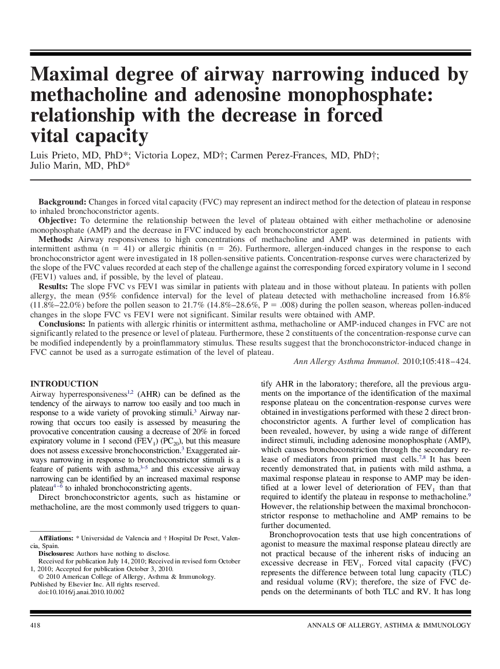 Maximal degree of airway narrowing induced by methacholine and adenosine monophosphate: relationship with the decrease in forced vital capacity