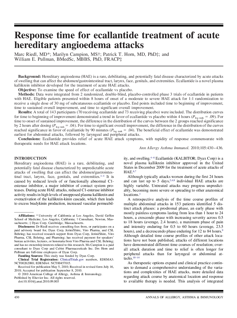 Response time for ecallantide treatment of acute hereditary angioedema attacks