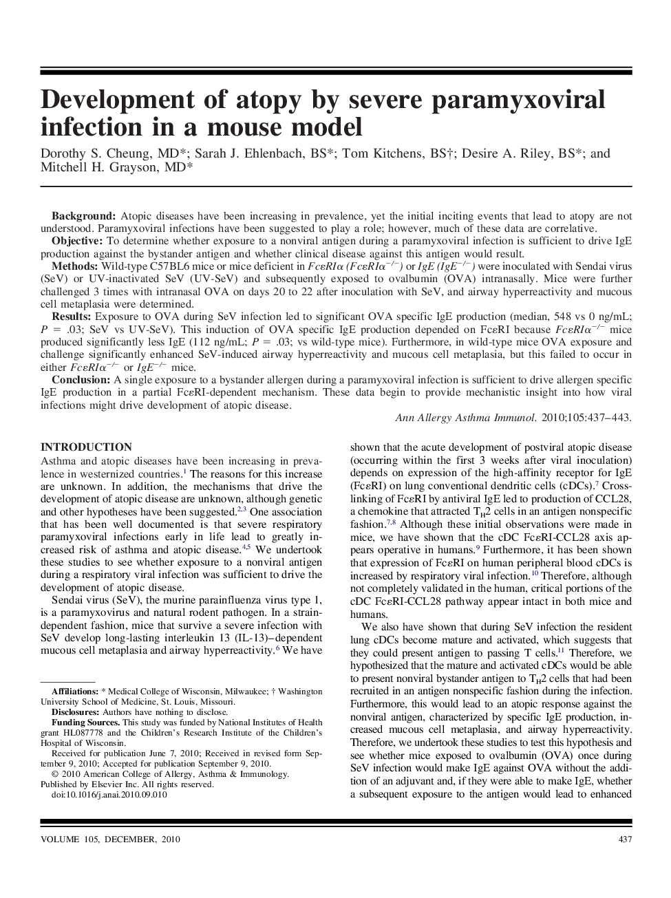 Development of atopy by severe paramyxoviral infection in a mouse model