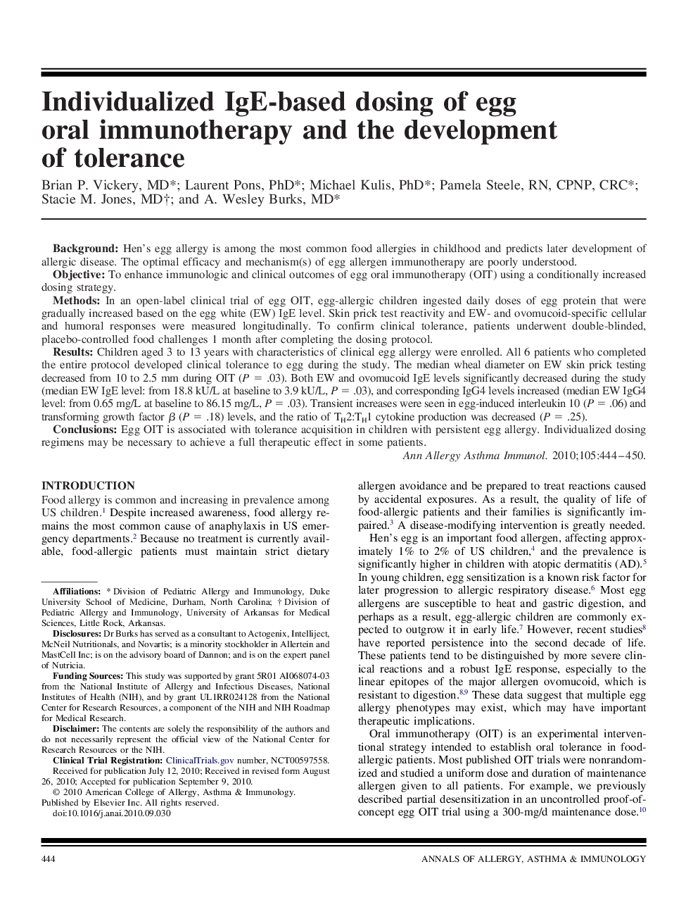 Individualized IgE-based dosing of egg oral immunotherapy and the development of tolerance