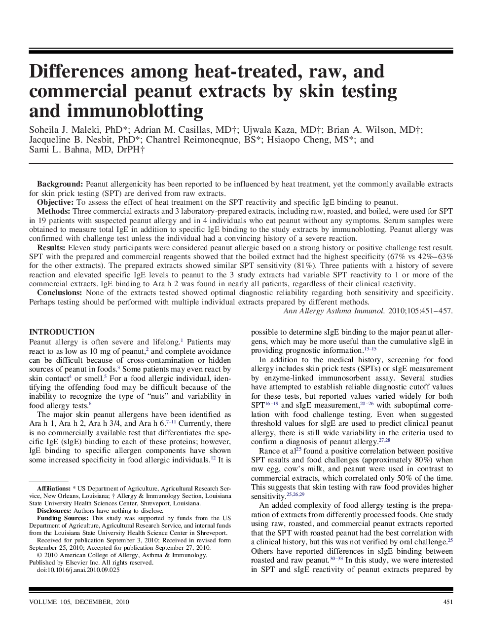 Differences among heat-treated, raw, and commercial peanut extracts by skin testing and immunoblotting