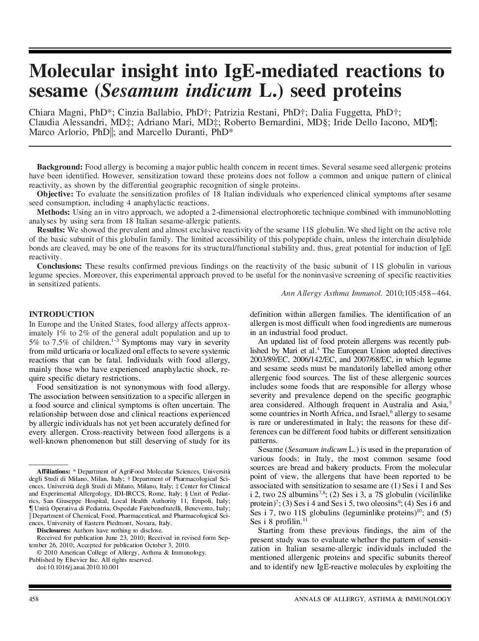 Molecular insight into IgE-mediated reactions to sesame (Sesamum indicum L.) seed proteins