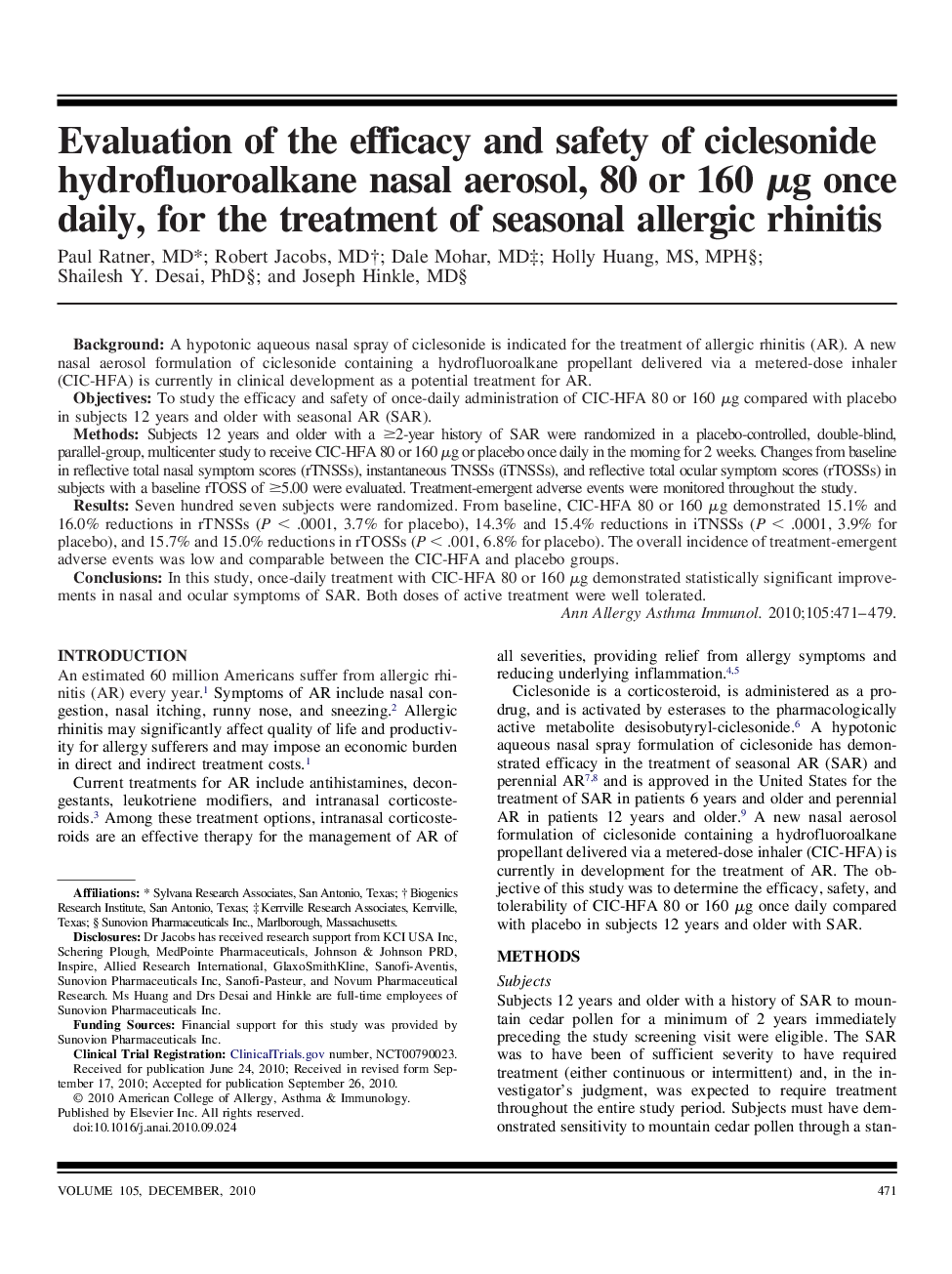 Evaluation of the efficacy and safety of ciclesonide hydrofluoroalkane nasal aerosol, 80 or 160 Î¼g once daily, for the treatment of seasonal allergic rhinitis