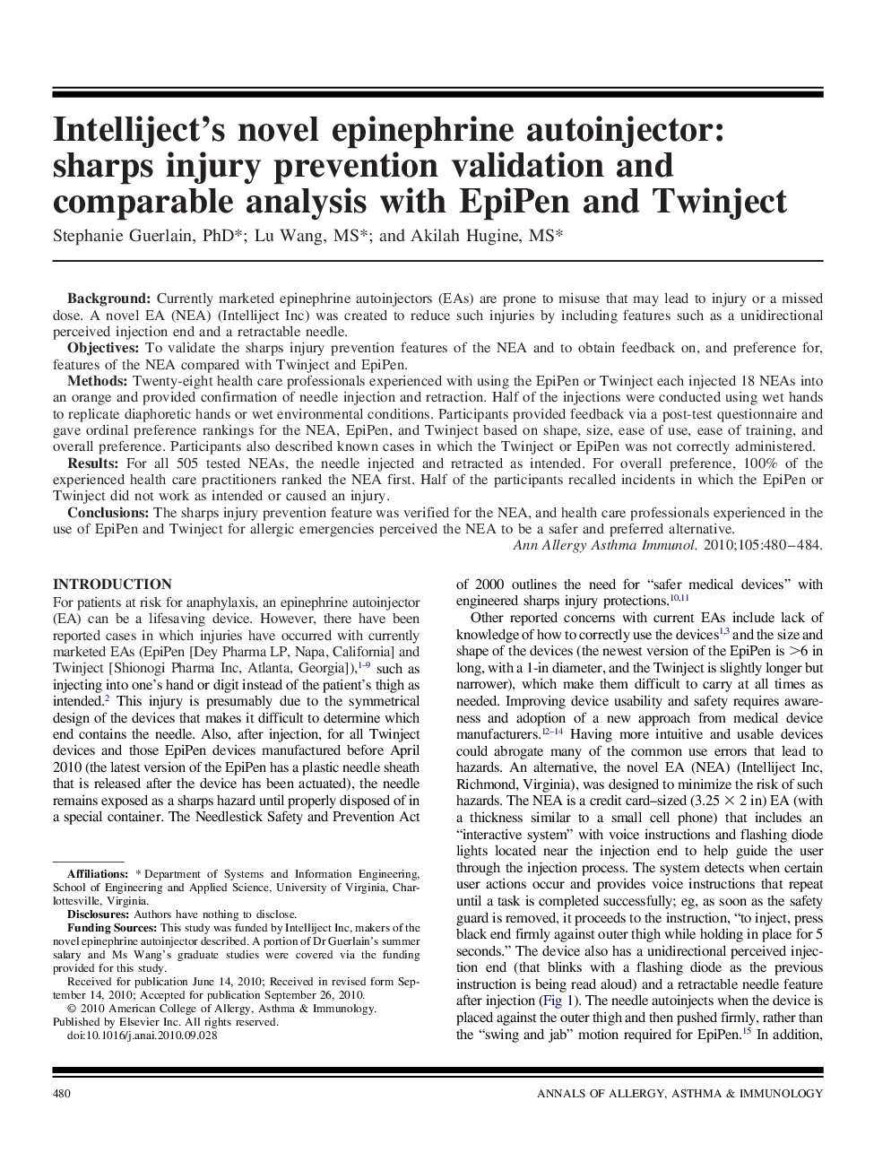 Intelliject's novel epinephrine autoinjector: sharps injury prevention validation and comparable analysis with EpiPen and Twinject