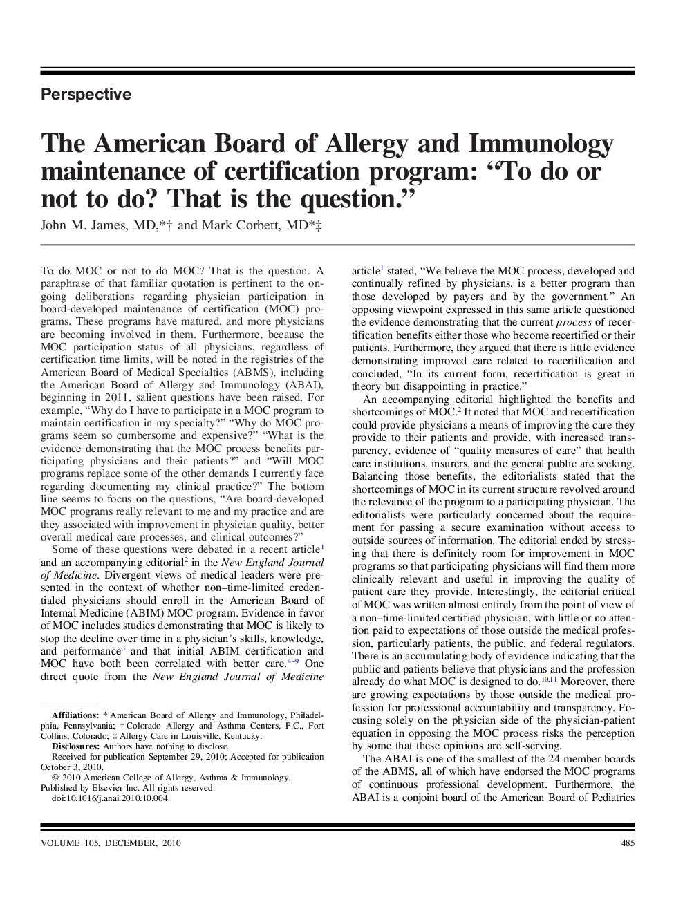 The American Board of Allergy and Immunology maintenance of certification program: “To do or not to do? That is the question.”