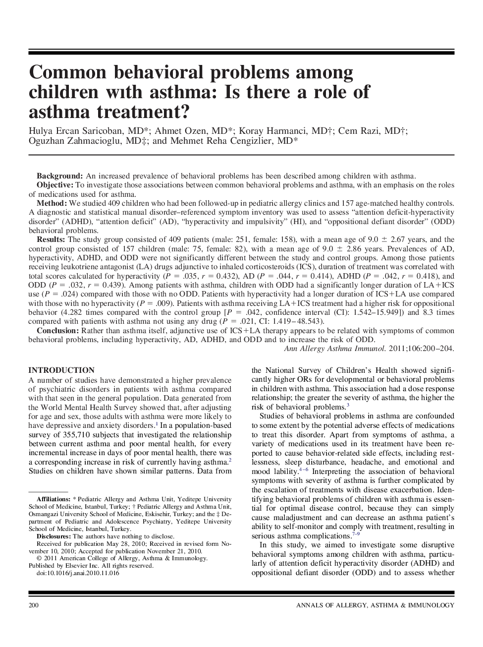 Common behavioral problems among children wÄ±th asthma: Is there a role of asthma treatment?