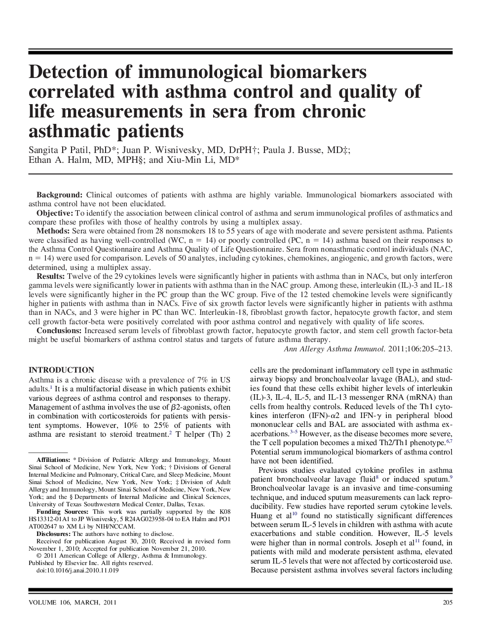 Detection of immunological biomarkers correlated with asthma control and quality of life measurements in sera from chronic asthmatic patients