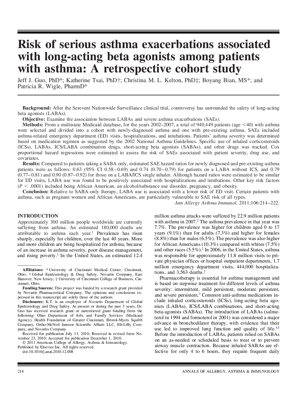 Risk of serious asthma exacerbations associated with long-acting beta agonists among patients with asthma: A retrospective cohort study