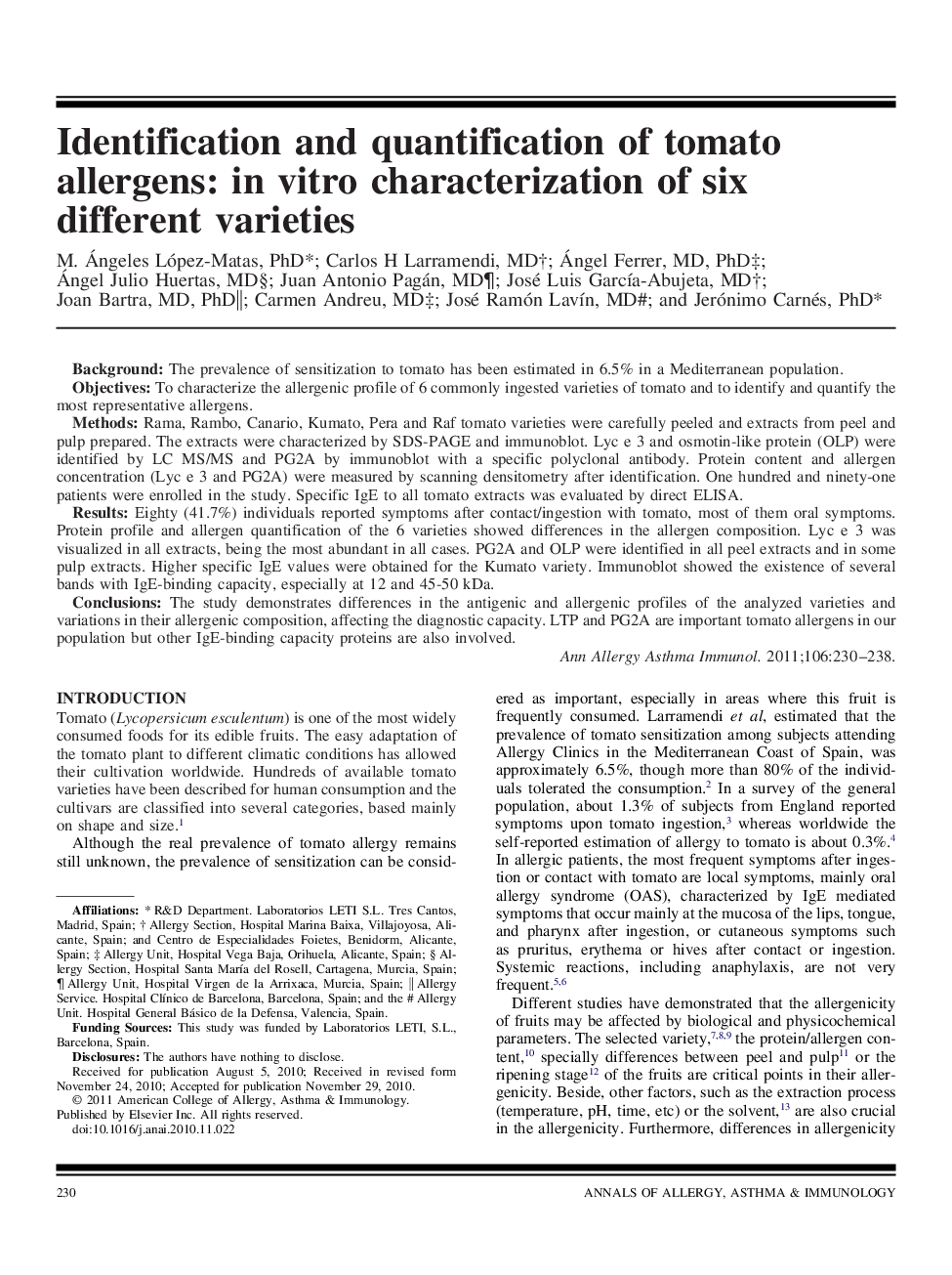 Identification and quantification of tomato allergens: in vitro characterization of six different varieties