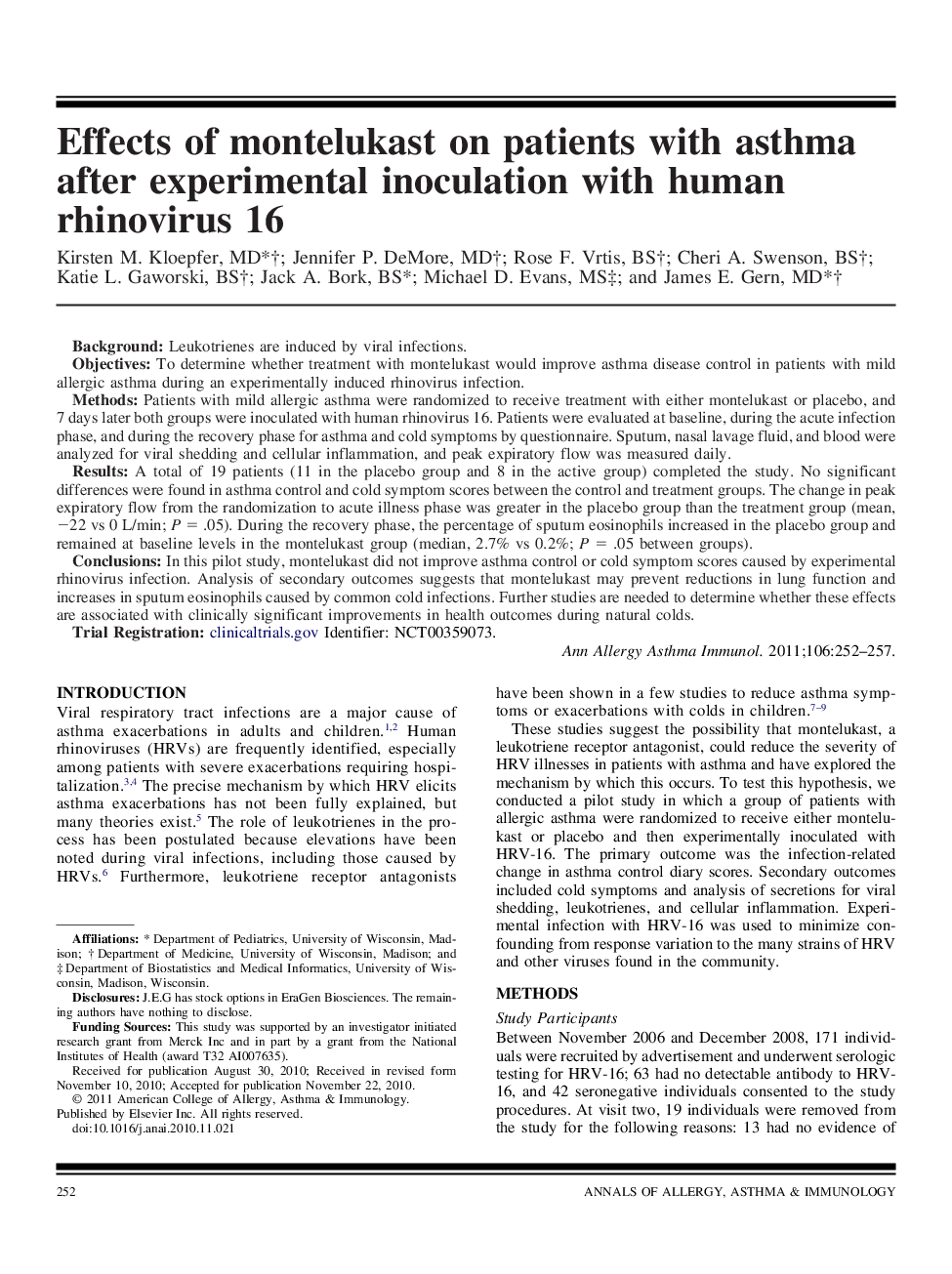 Effects of montelukast on patients with asthma after experimental inoculation with human rhinovirus 16