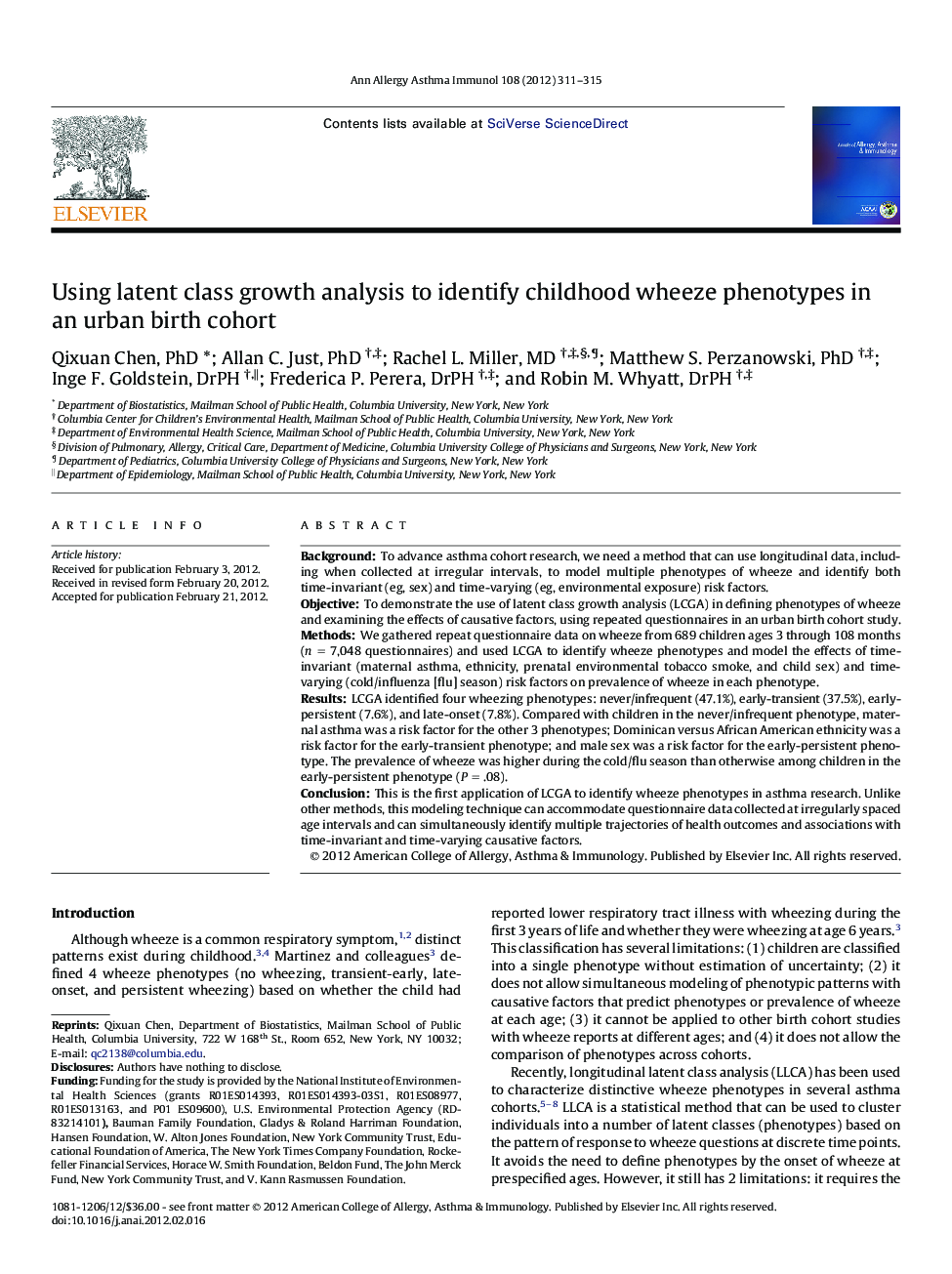 Using latent class growth analysis to identify childhood wheeze phenotypes in an urban birth cohort