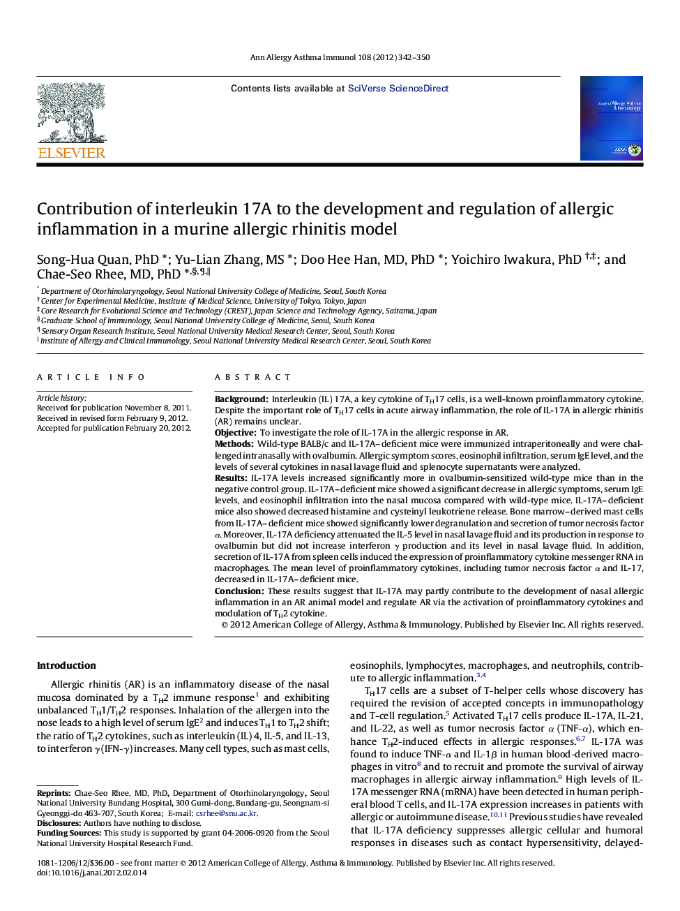 Contribution of interleukin 17A to the development and regulation of allergic inflammation in a murine allergic rhinitis model