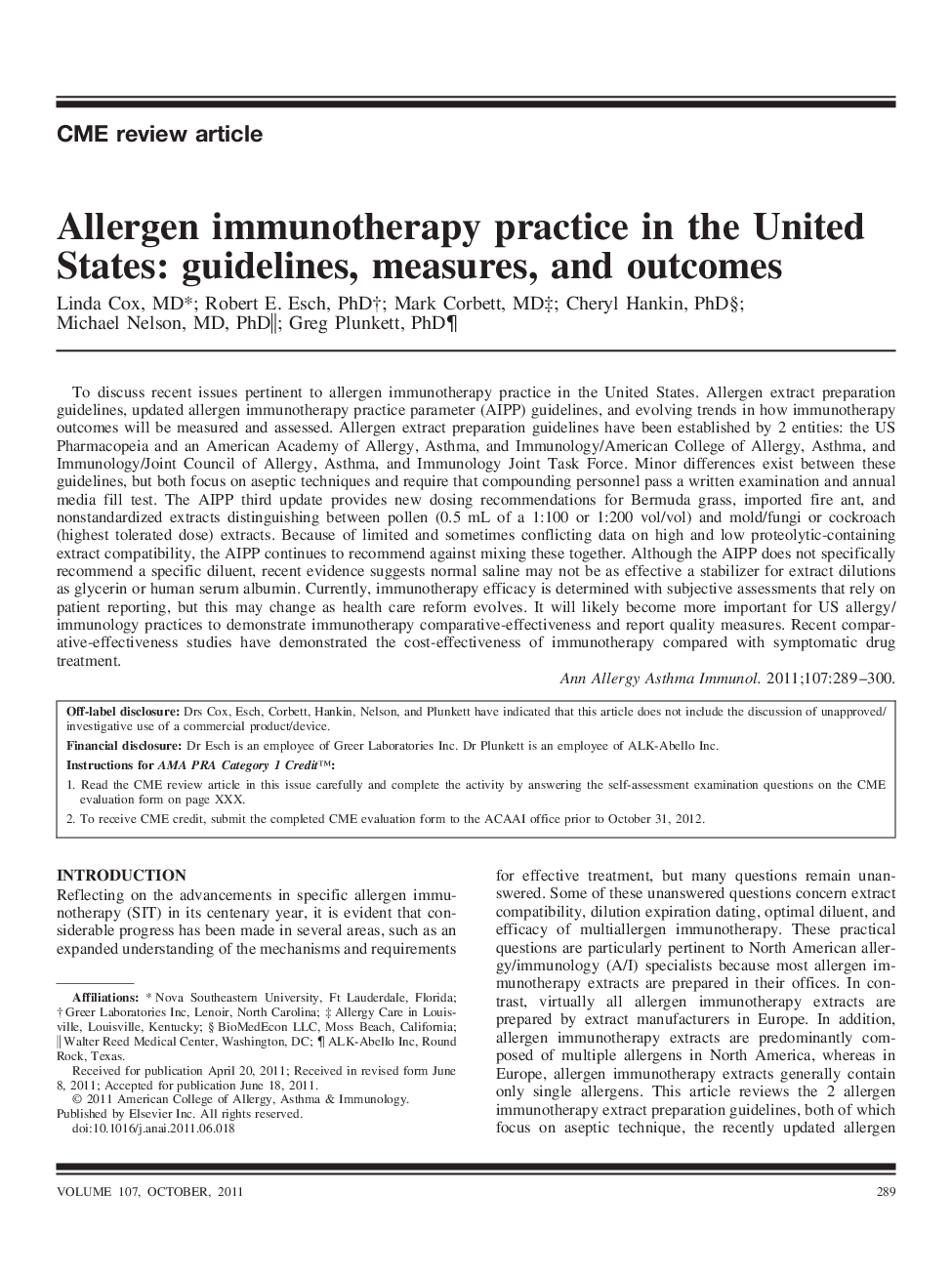 Allergen immunotherapy practice in the United States: guidelines, measures, and outcomes