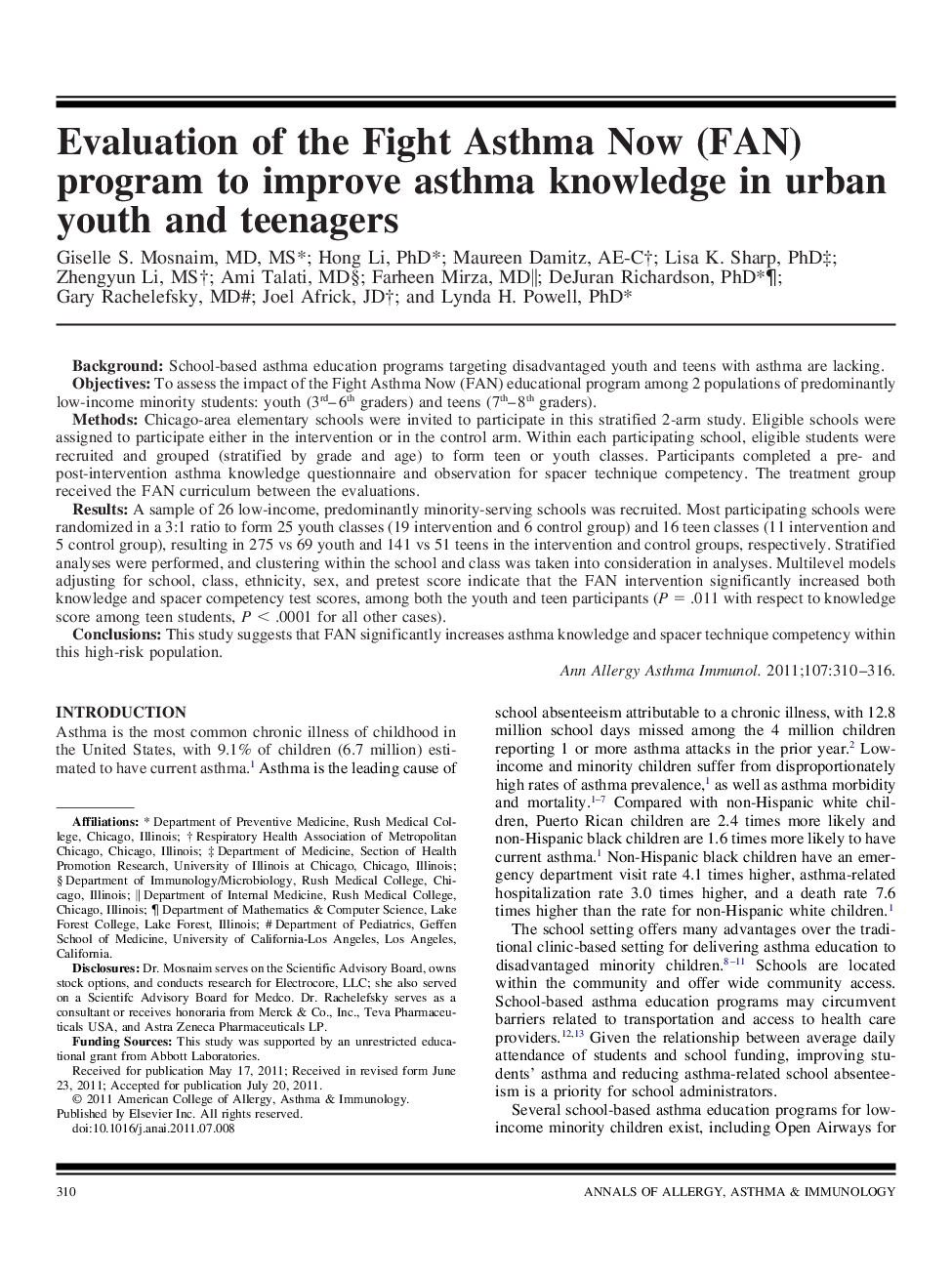 Evaluation of the Fight Asthma Now (FAN) program to improve asthma knowledge in urban youth and teenagers