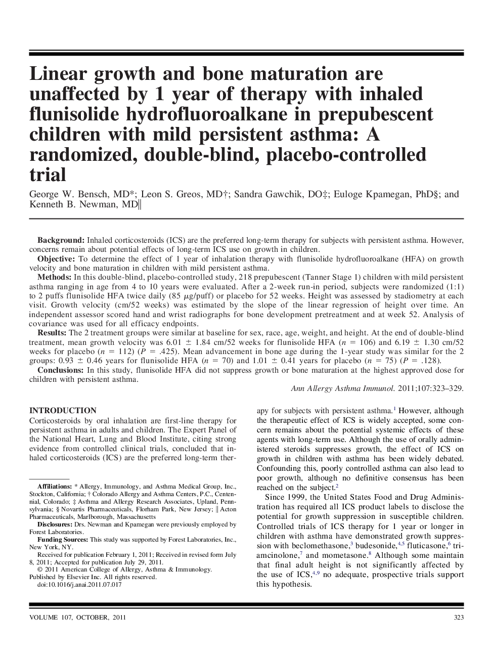 Linear growth and bone maturation are unaffected by 1 year of therapy with inhaled flunisolide hydrofluoroalkane in prepubescent children with mild persistent asthma: A randomized, double-blind, placebo-controlled trial